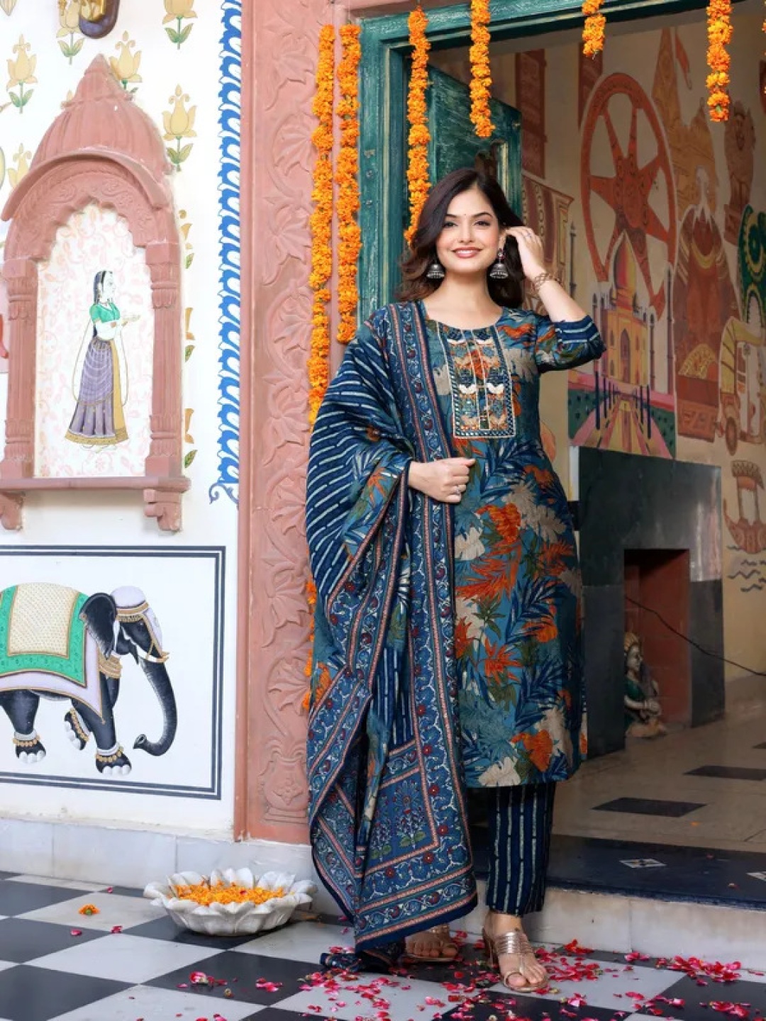 

Parth Fab Floral Printed Mirror Work Straight Kurta With Trousers And Dupatta, Blue