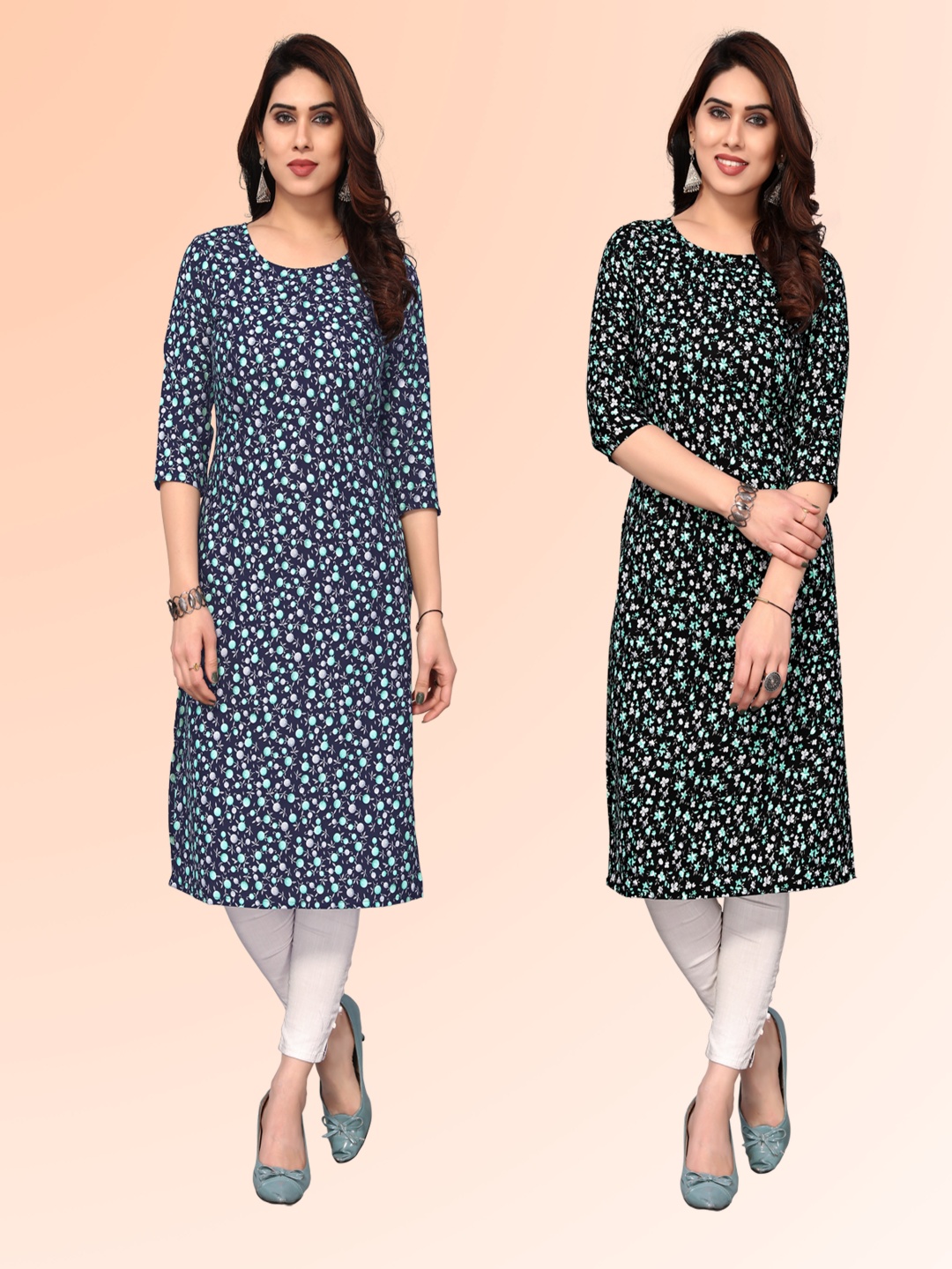 

KETAKI FASHION Selection of 2 Geometric Printed Round Neck Straight Kurtas, Navy blue