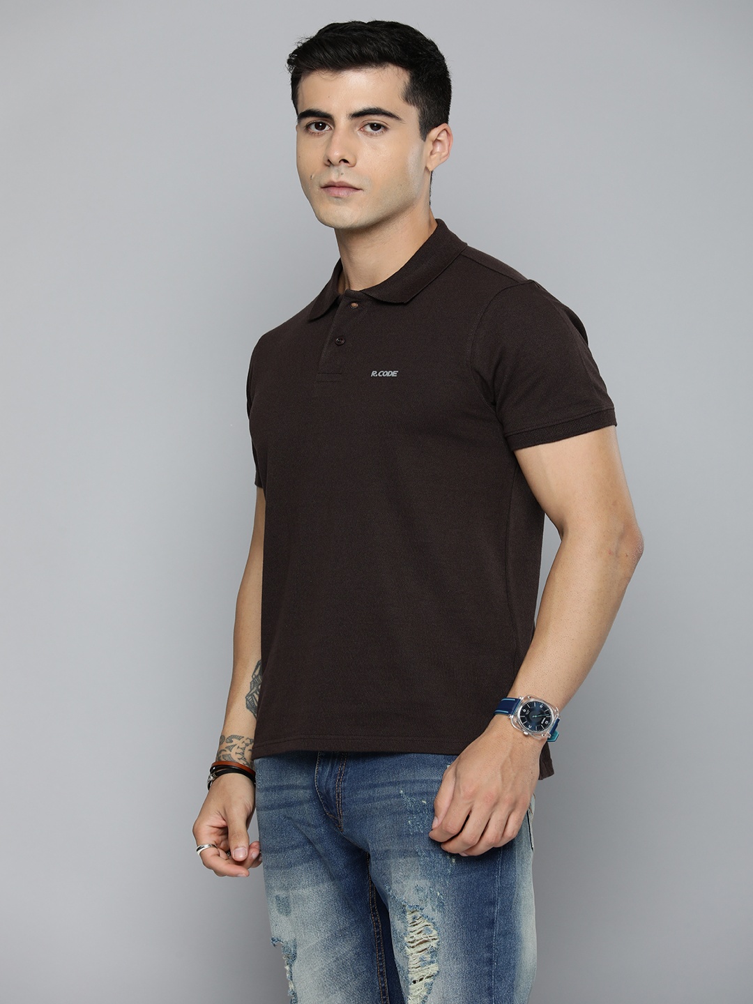 

R.Code by The Roadster Lifestyle Co. Men Regular Fit Pack Of 2 Solid Polo Cotton T-shirts, Brown