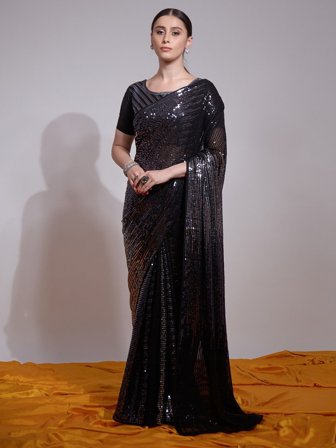 

Moda Rapido Embellished Sequinned Pure Georgette Saree, Silver