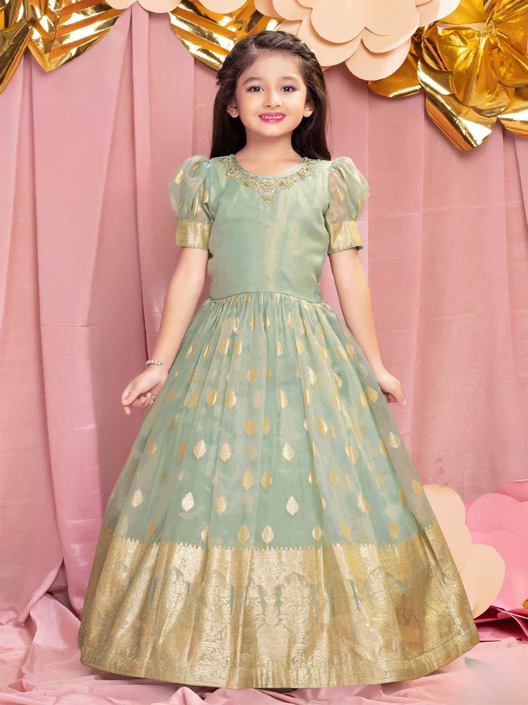

Lagorii Girls Sequin Embroidery Puff Sleeve Fit & Flare Maxi Ethnic Dress, Green