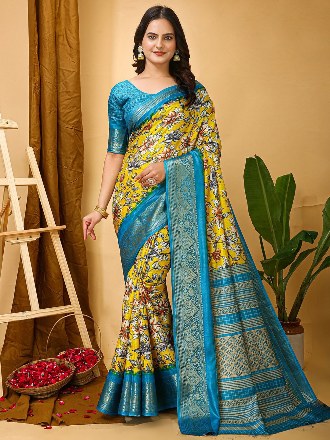 

Anouk Rustic Floral Zari Silk Blend Sungudi Saree, Yellow