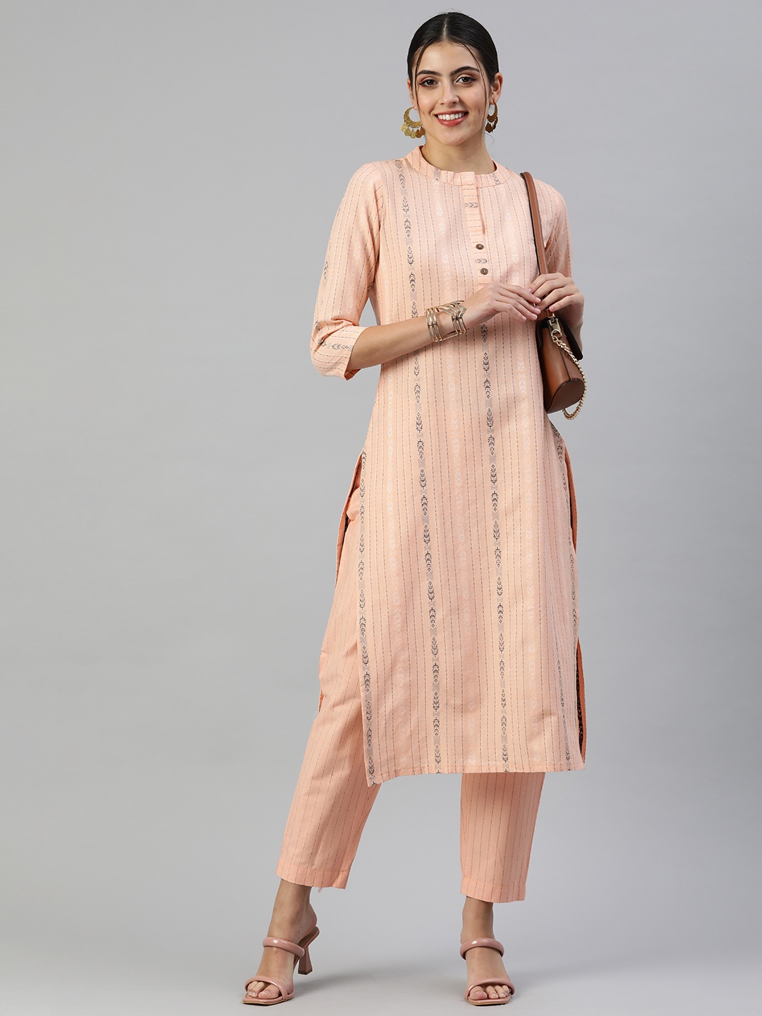 

Fourleaf Women Striped Regular Thread Work Kurta with Trousers, Peach