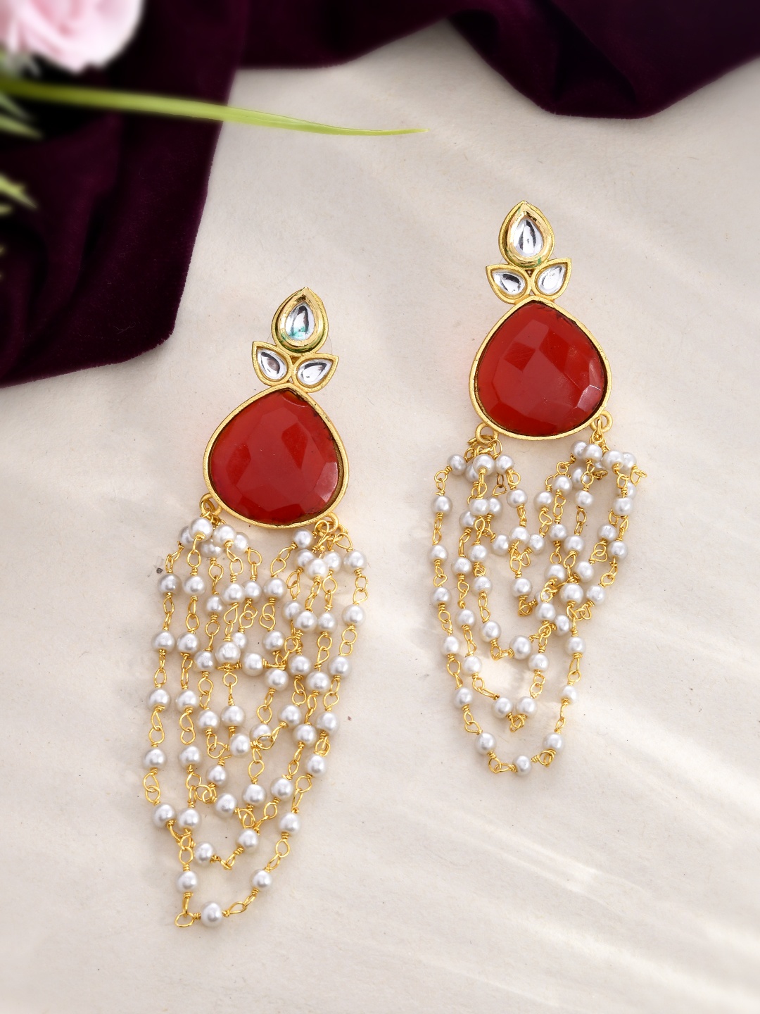 

Silvermerc Designs Gold-Plated Kundan Studded & Peals Contemporary Drop Earrings