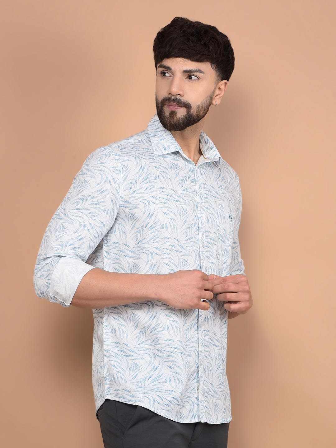 

Crimsoune Club Men Premium Slim Fit Spread Collar Abstract Printed Cotton Casual Shirt, White
