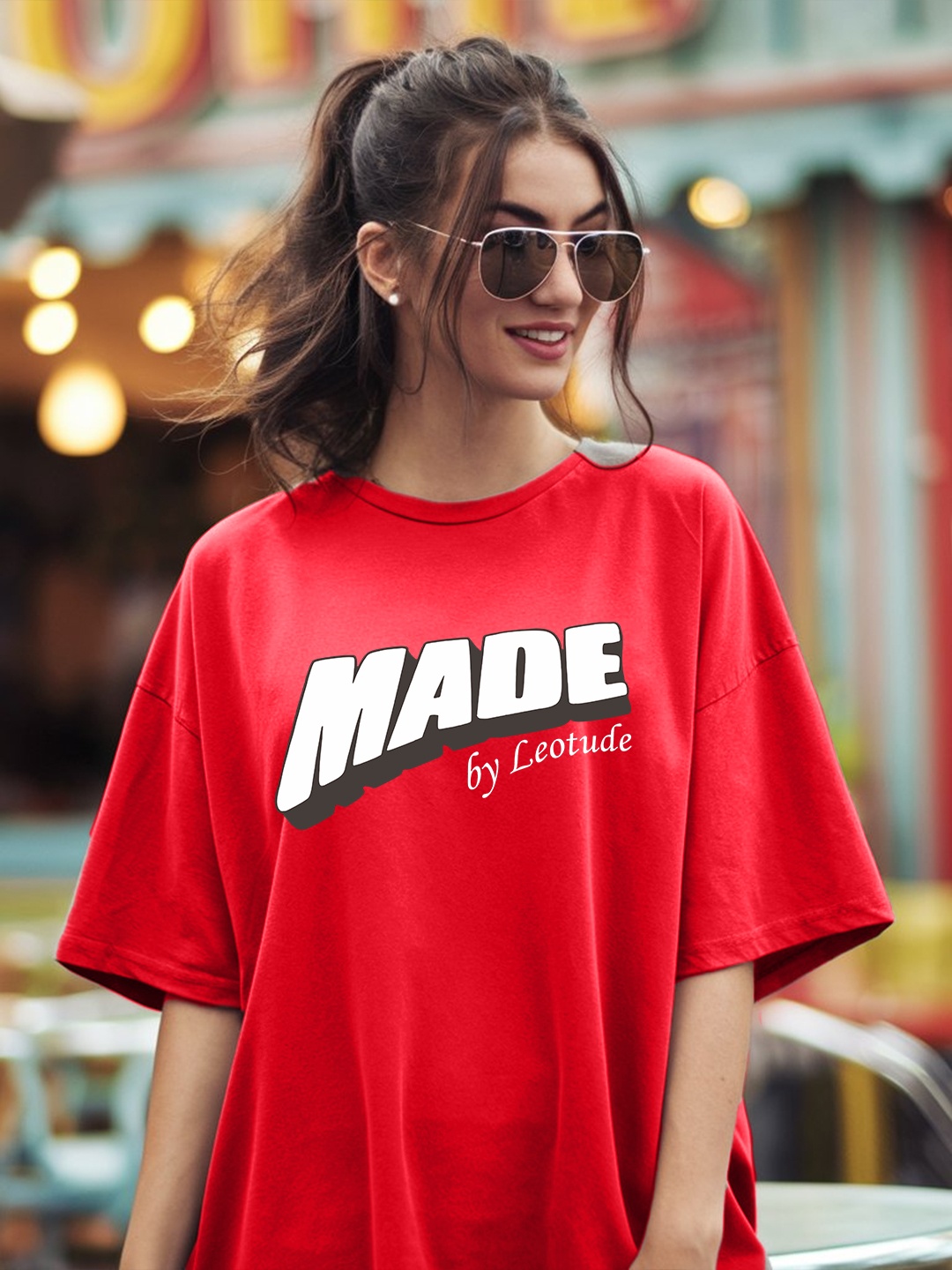 

Leotude Women Typography Printed Round Neck Cotton Oversized T-shirt, Red