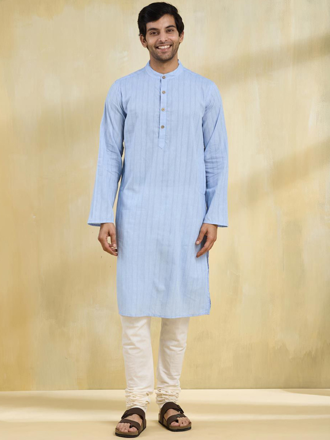 

Fabindia Men Striped Thraed Work Band Collar Cotton Straight Kurta, Blue