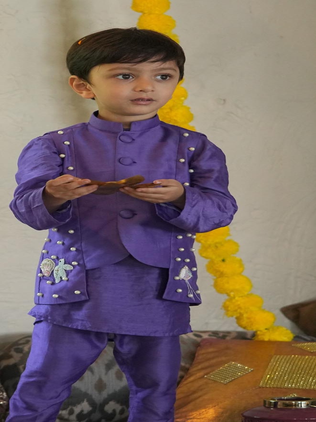 

Funny Bones Clothings Boys Mandarin Collar Pure Silk Kurta With Pyjama, Purple