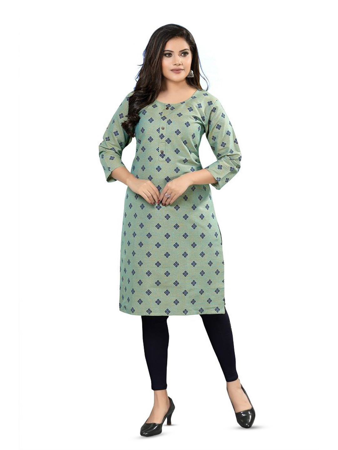 

DREAM & DZIRE Geometric Printed Round Neck Pure Cotton Straight Kurta, Green