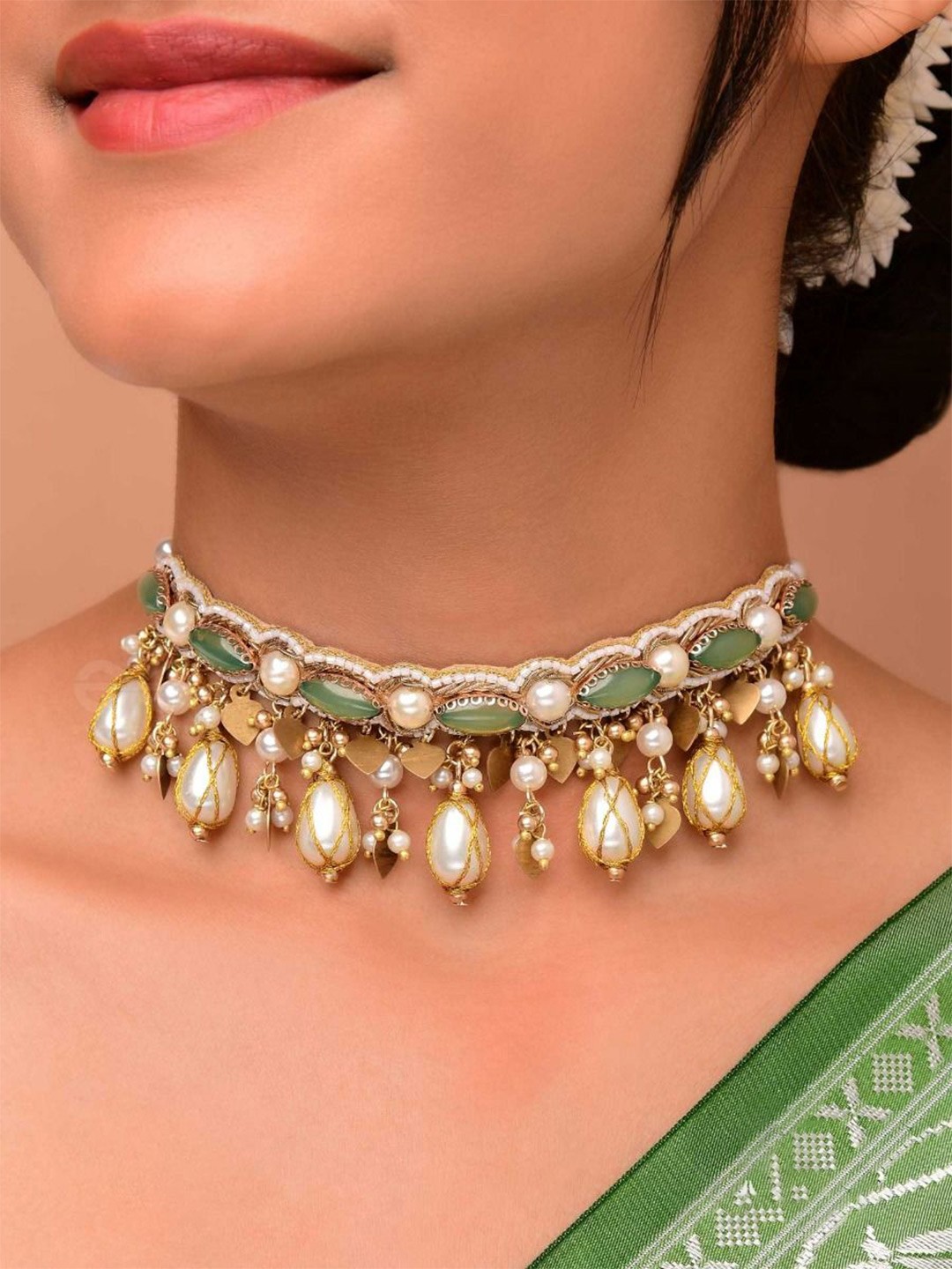 

EVERSTYLISH Sanjoya Pearls, Stones & Beads Embroidered Neckpiece, Gold