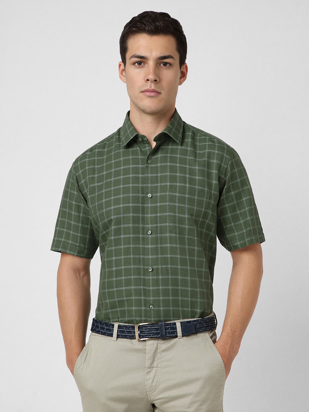 

Van Heusen Men Spread Collar Checked Linen Formal Shirt, Green