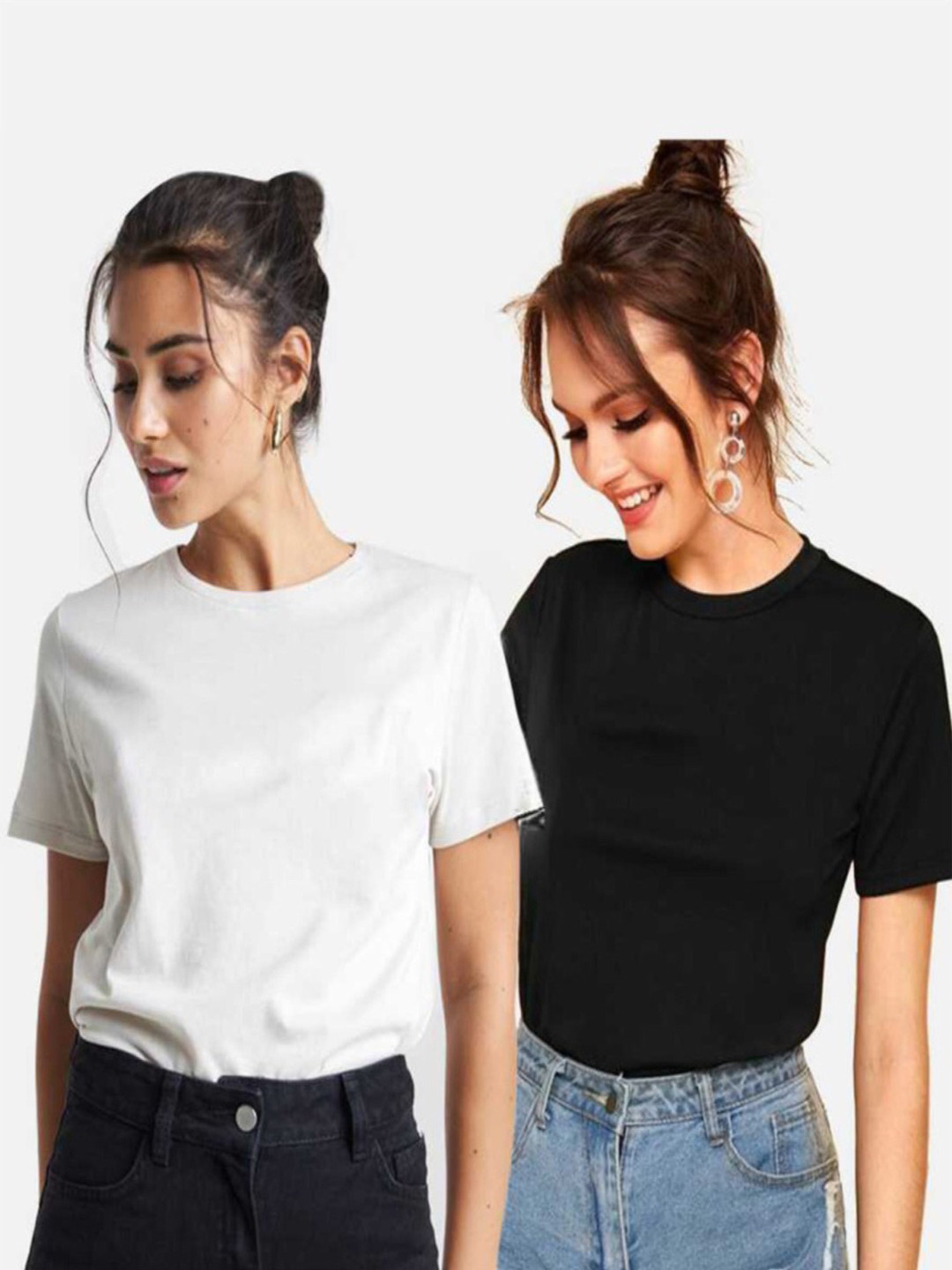 

DEEPMAYRA COLLECTION Women Pack Of 2 Solid Round Neck Cotton T-shirts, Black