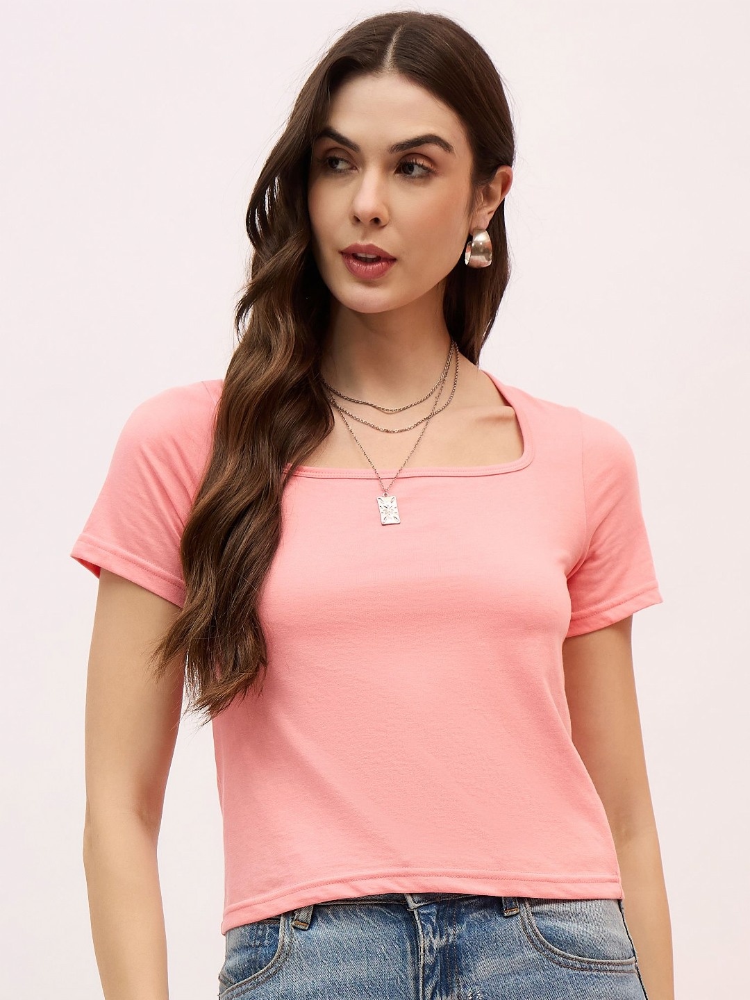 

DressBerry Women V-Neck Raw Edge T-shirt, Peach