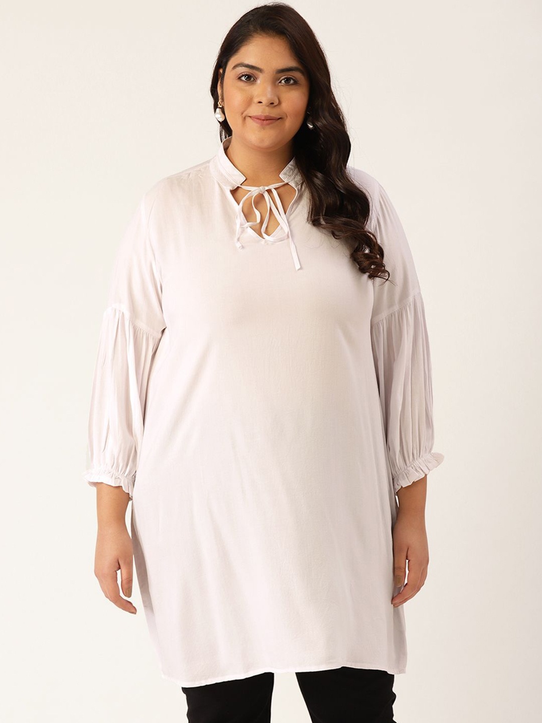 

theRebelinme Women Plus Size Mandarin Collar Tunic, White