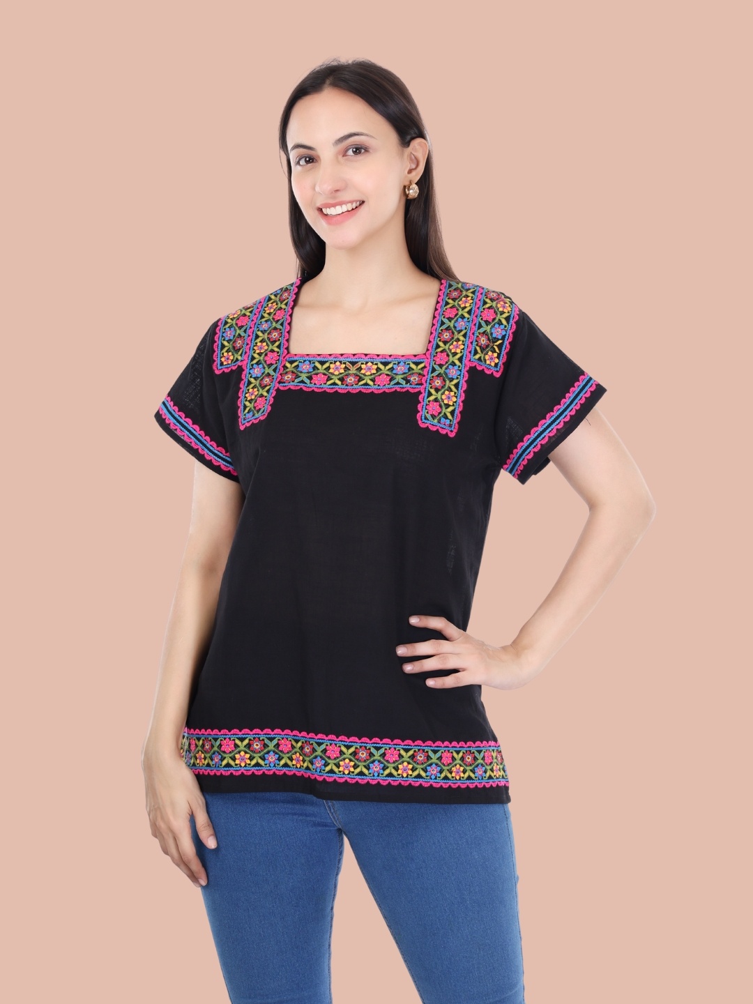 

Moda Rapido Floral Embroidered Flared Sleeves Pure Cotton Kurti, Black