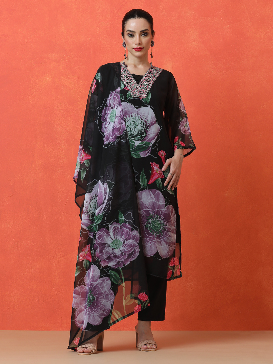 

Jaipur Kurti Floral Printed Thread Work V-Neck Straight Kurta with Trousers And Dupatta, Black