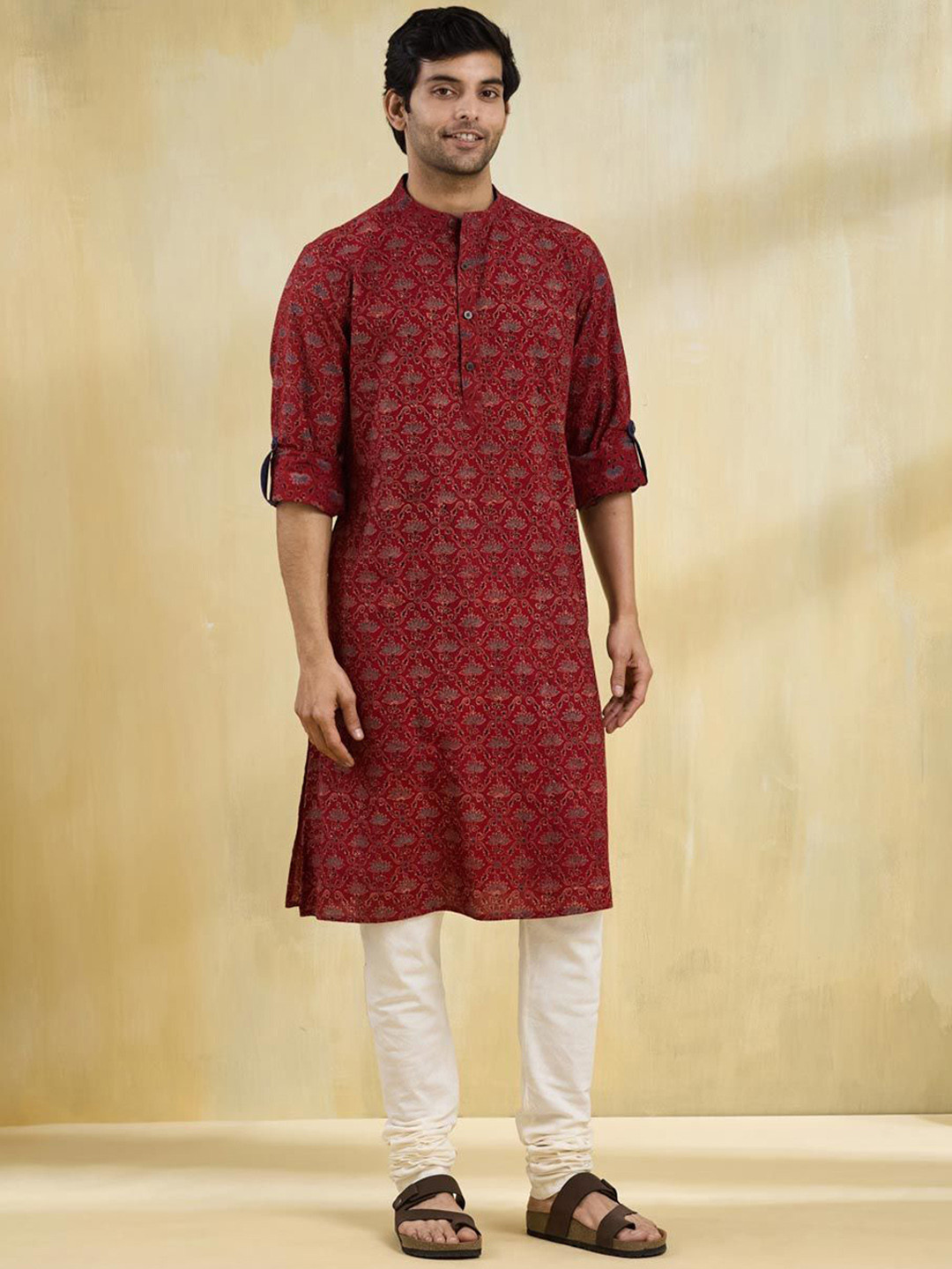 

Fabindia Men Floral Printed Band Collar Ajrakh Cotton Straight Kurta, Red