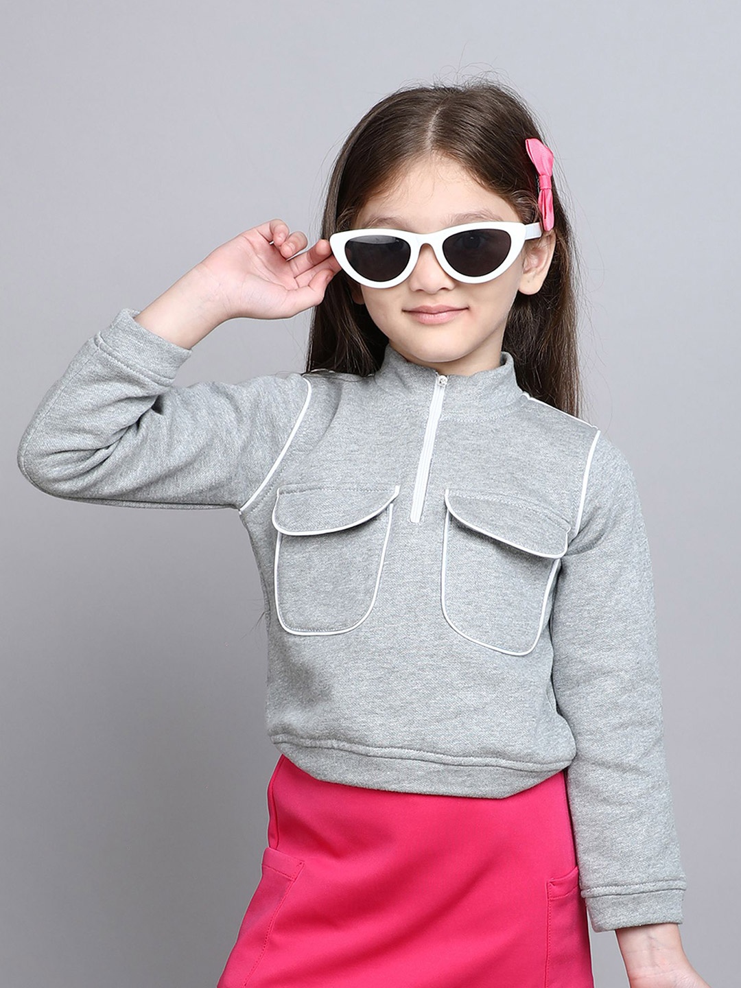 

taffykids Girls Cotton front zipper pocket detail Sweatshirt, Grey