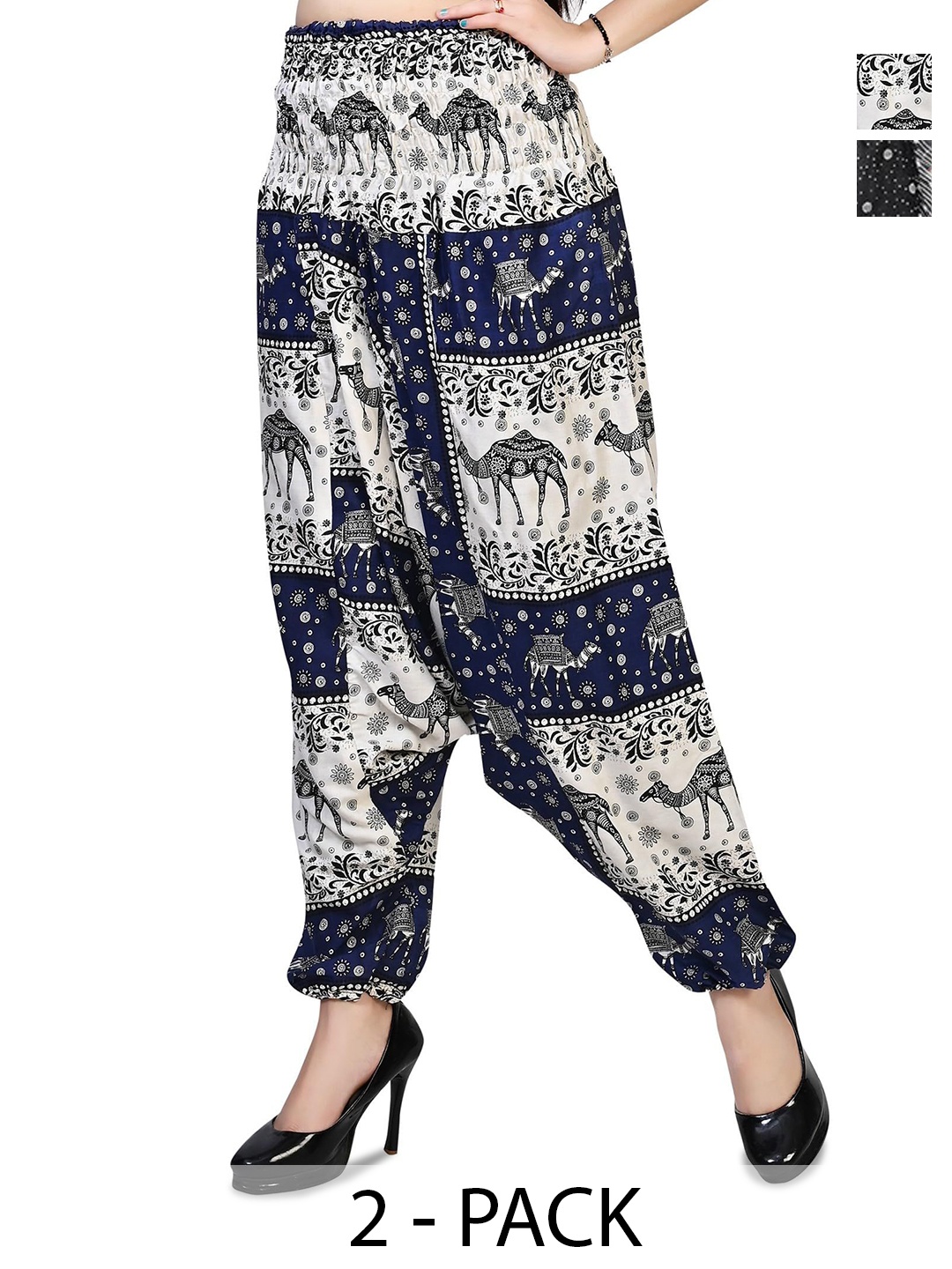 

NarNari Women Pack Of 2 Printed Mid-Rise Harem Pants, Black