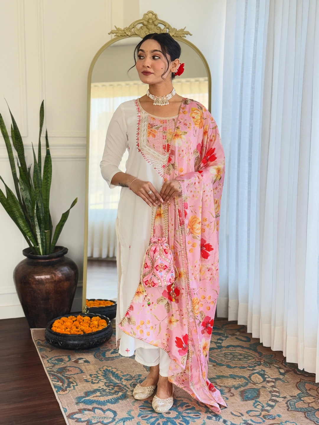 

KALINI Ethnic Motifs Embroidered Kurta With Trouser And Dupatta, Off white