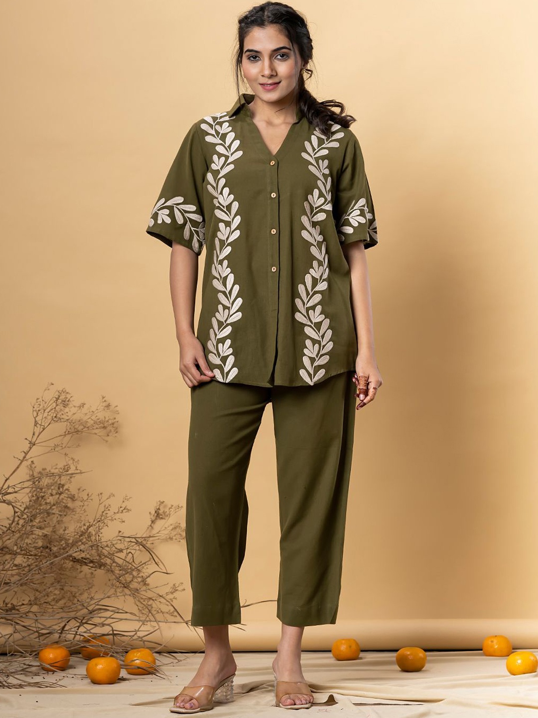 

Readiprint Fashions Floral Embroidered Shirt Collar Shirt With Trousers, Olive