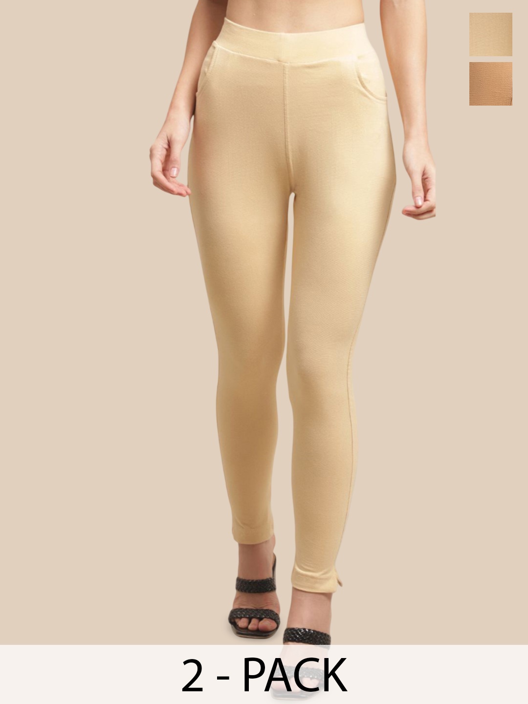 

Valles365 by S.C. Plus Size Pack Of 2 Women Cotton Ankle-Length Leggings, Beige