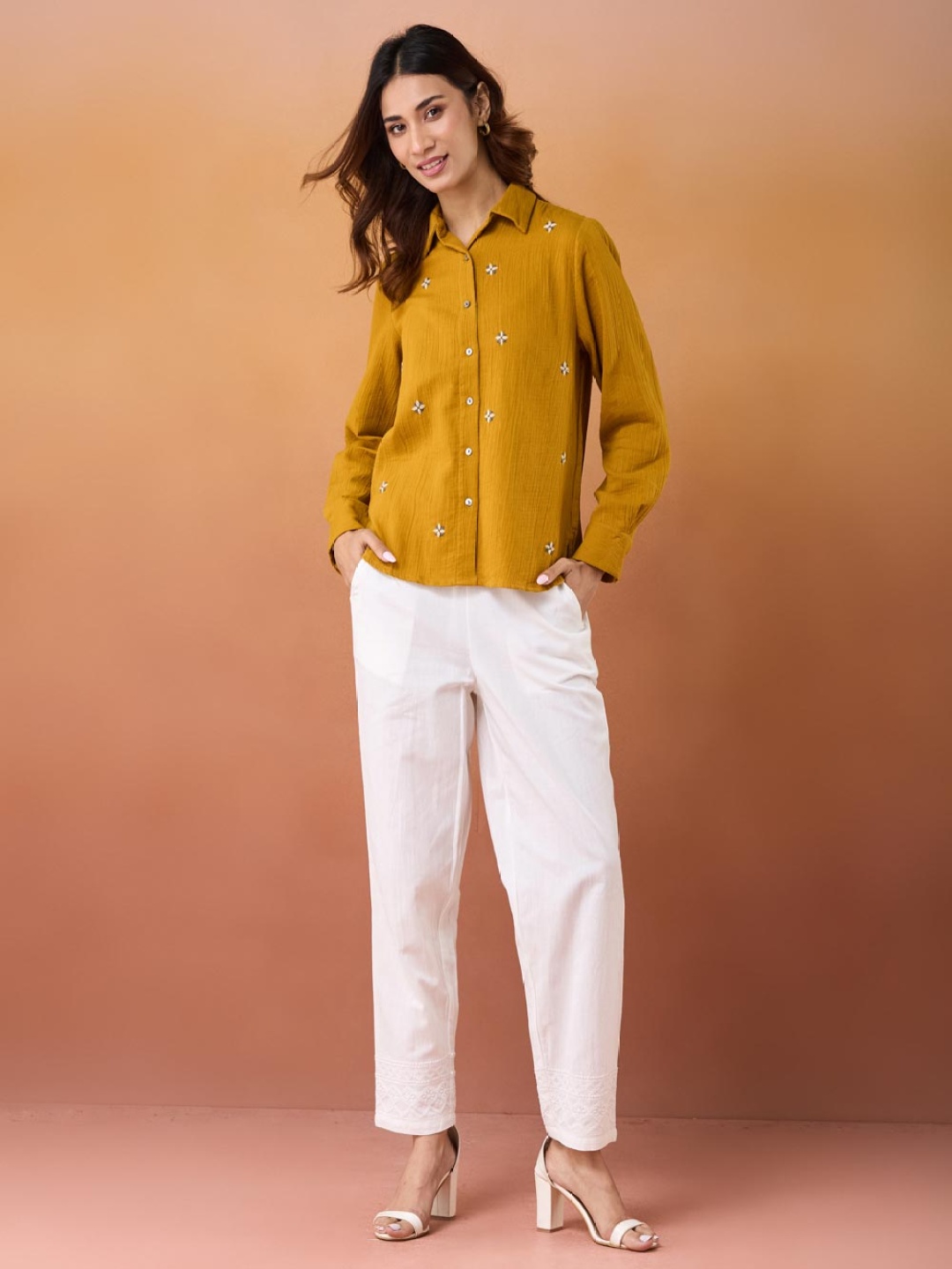 

Fabindia Women Spread Collar Floral Printed Cotton Casual Shirt, Mustard