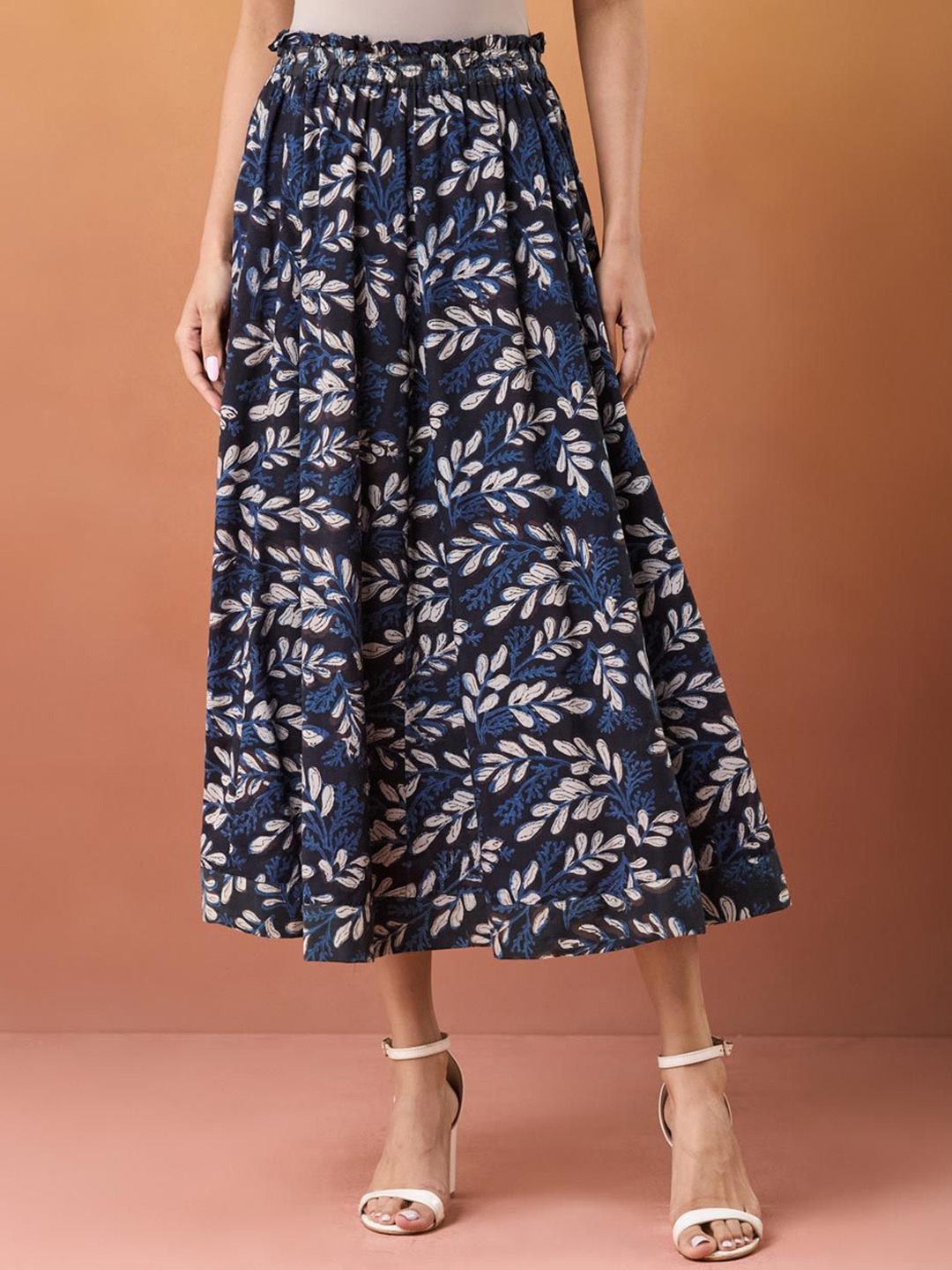 

Fabindia Women Floral Printed Pure Cotton Flared Maxi Skirt, Blue