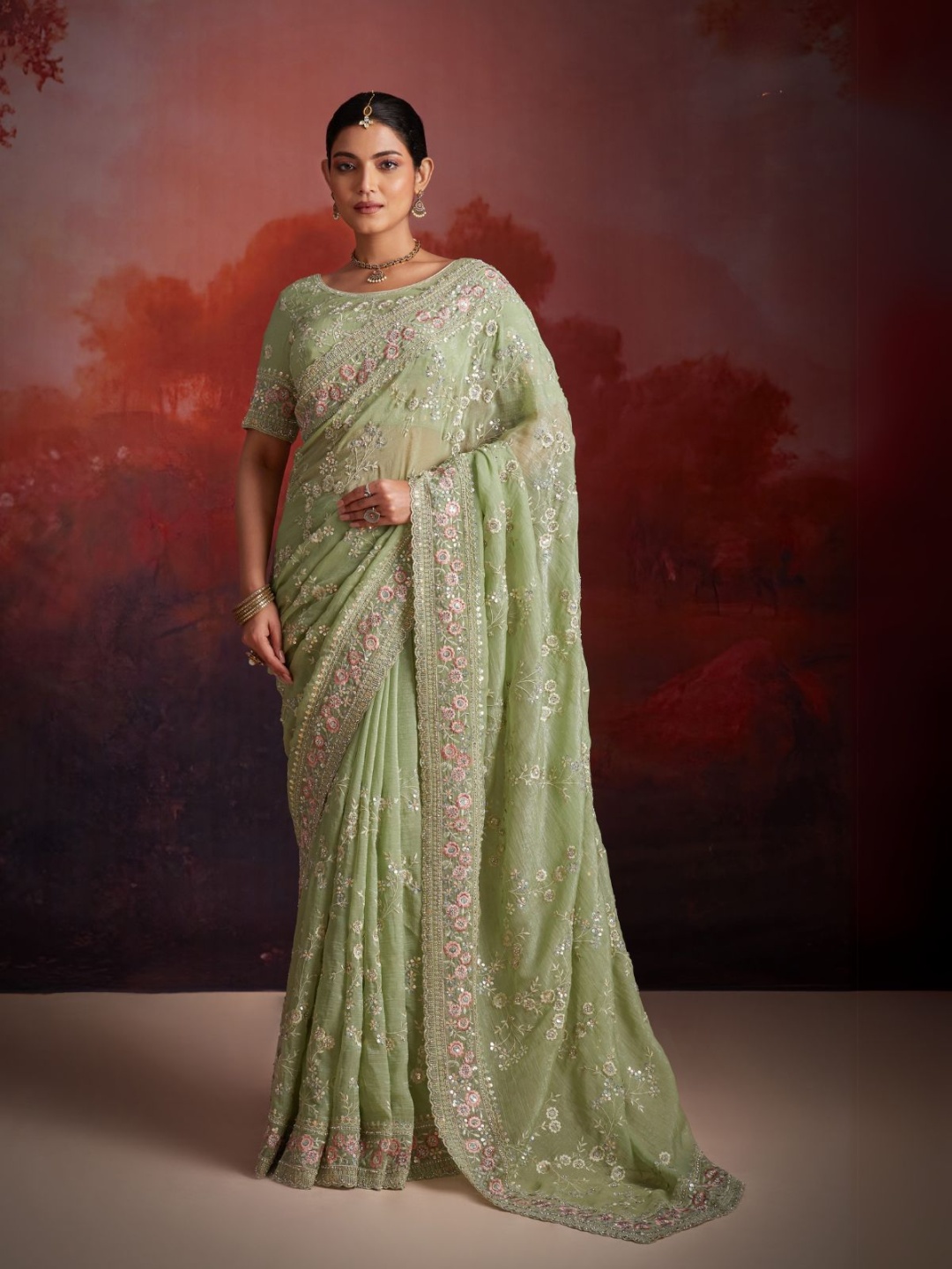 

ODETTE Green Organza Embroidered Saree For Women