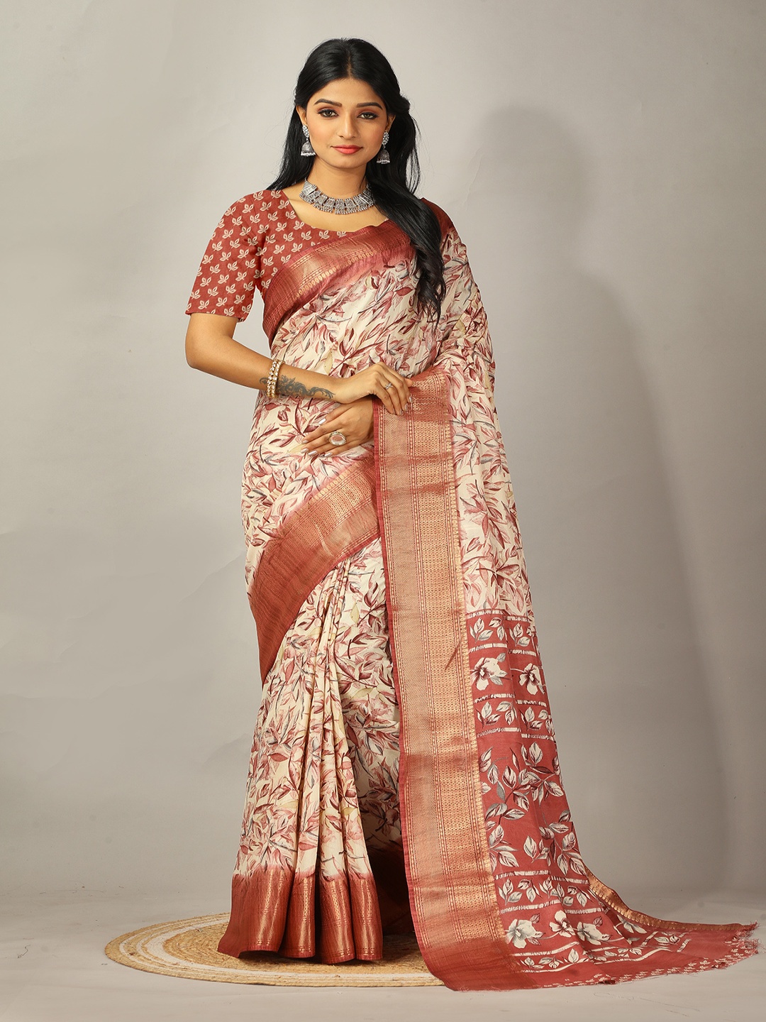 

NIRMAL CREATION Floral Printed Zari Pure Crepe Saree, Cream