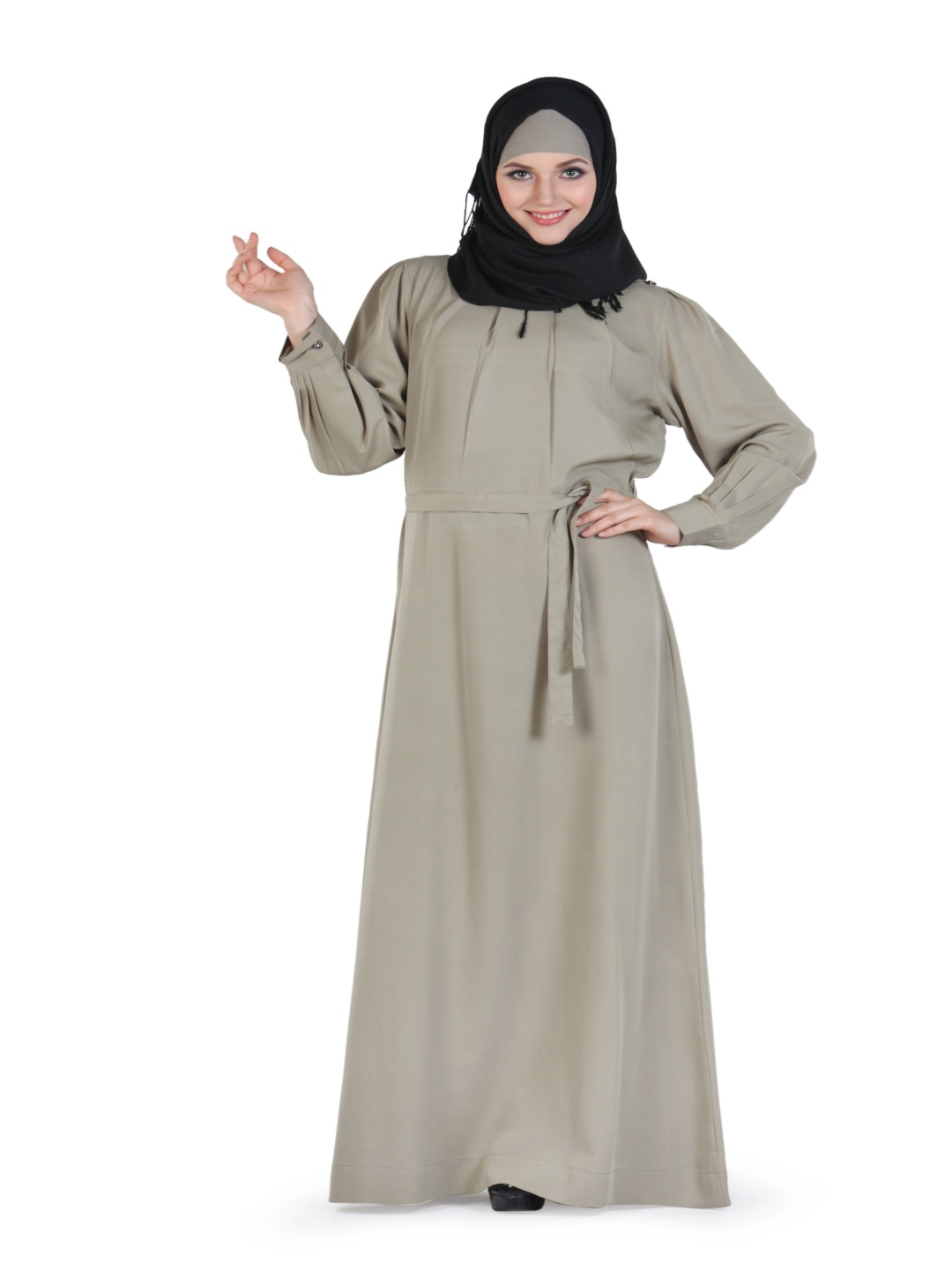 

MOMIN LIBAS Women Solid Pleated Neck Abaya Burqa, Beige