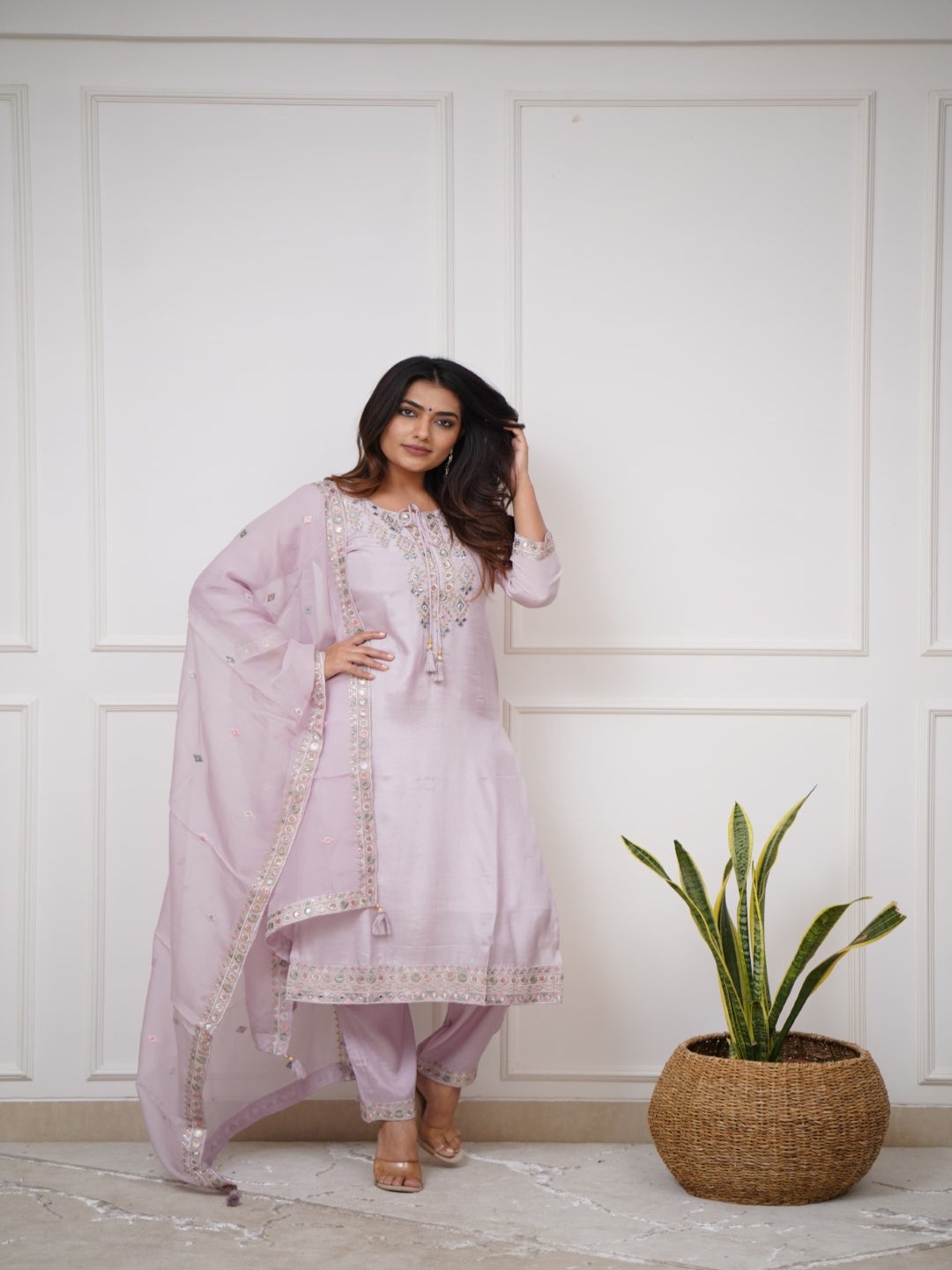 

Moda Rapido Geometric Embroidered Keyhole Neck Straight Kurta With Trousers & Dupatta, Pink