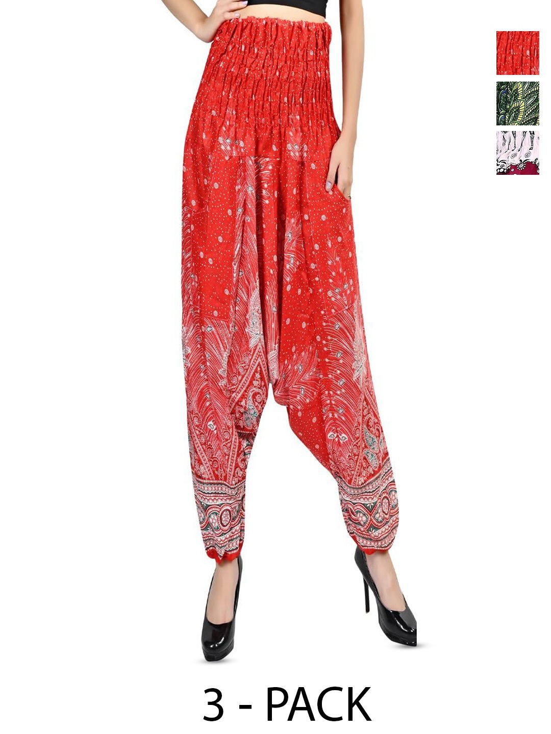 

NarNari Women Pack Of 3 Printed Mid-Rise Harem Pants, Red