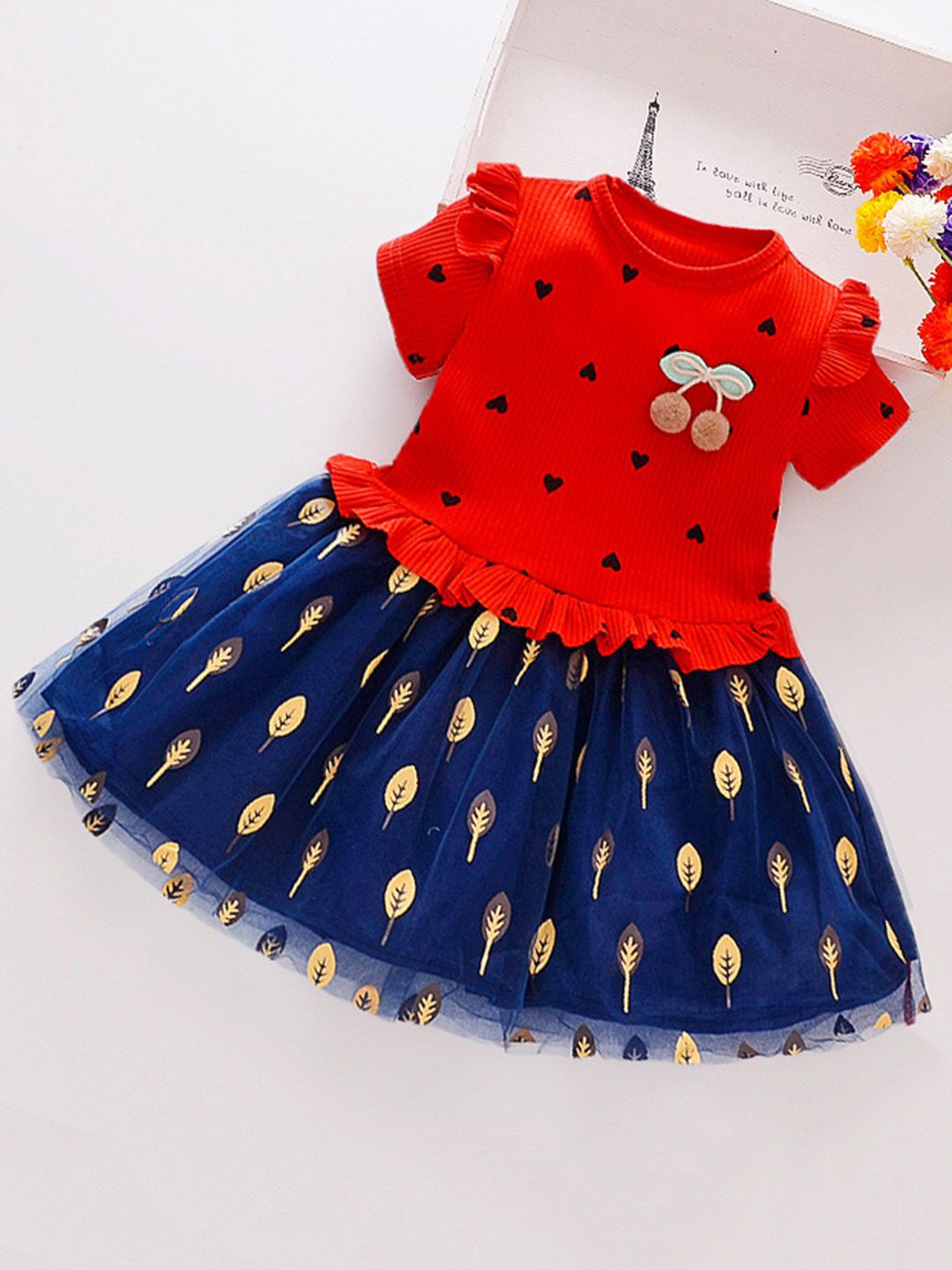 

YK Girls Printed Cotton Fit & Flare Dress, Red