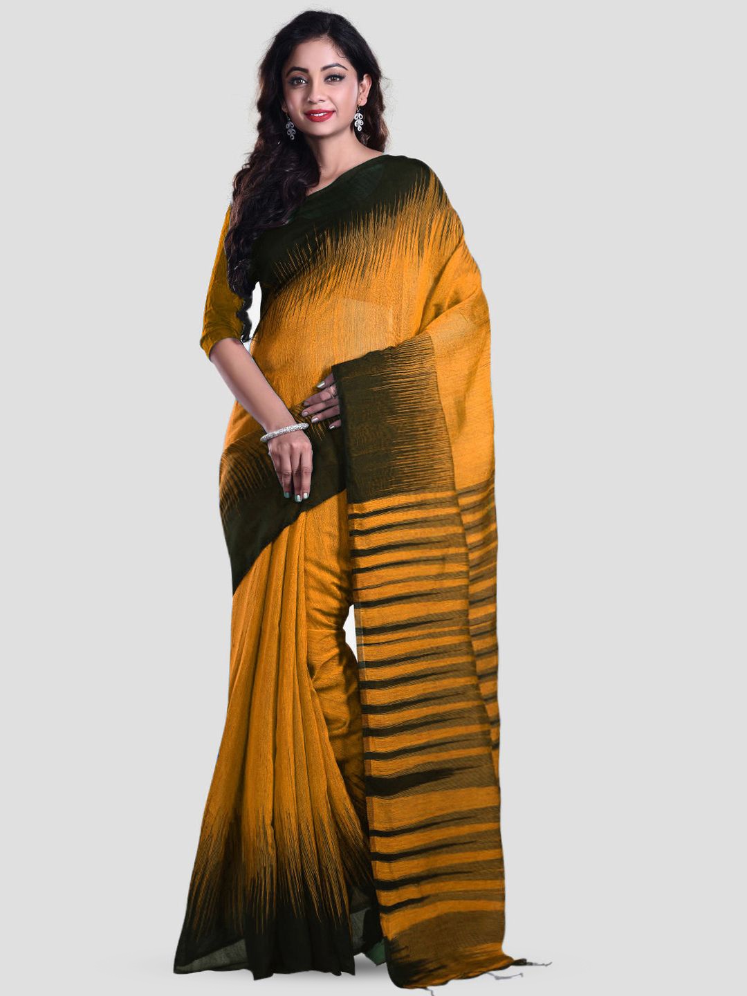 

Crochetin Printed Ikat Saree, Mustard