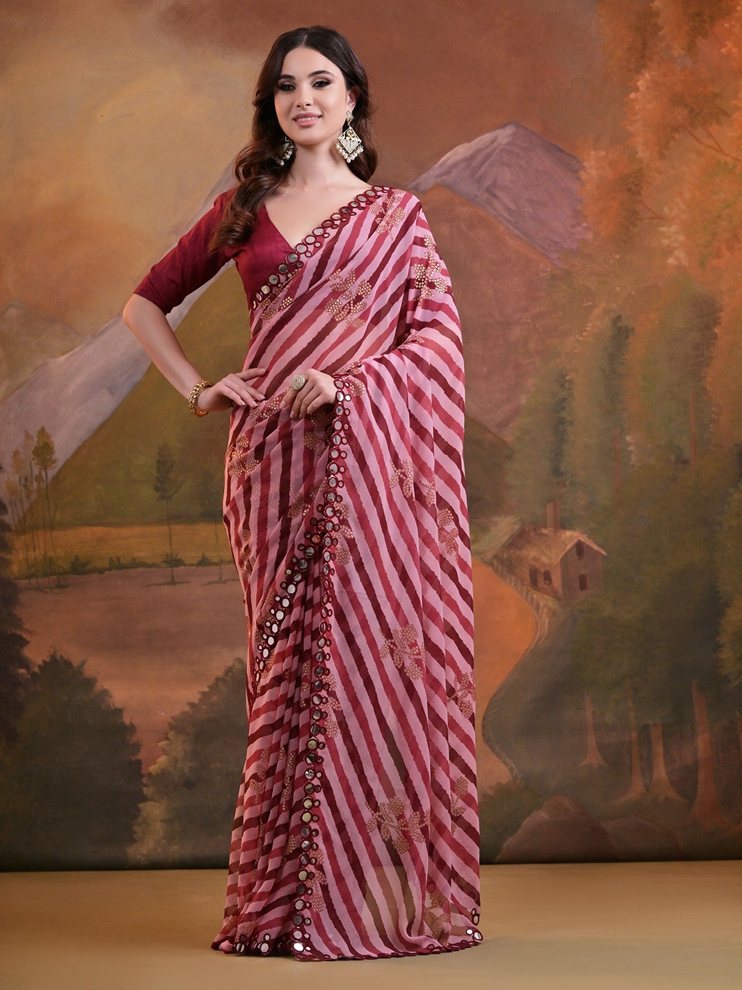 

Moda Rapido Striped Mirror Work Pure Georgette Saree, Pink