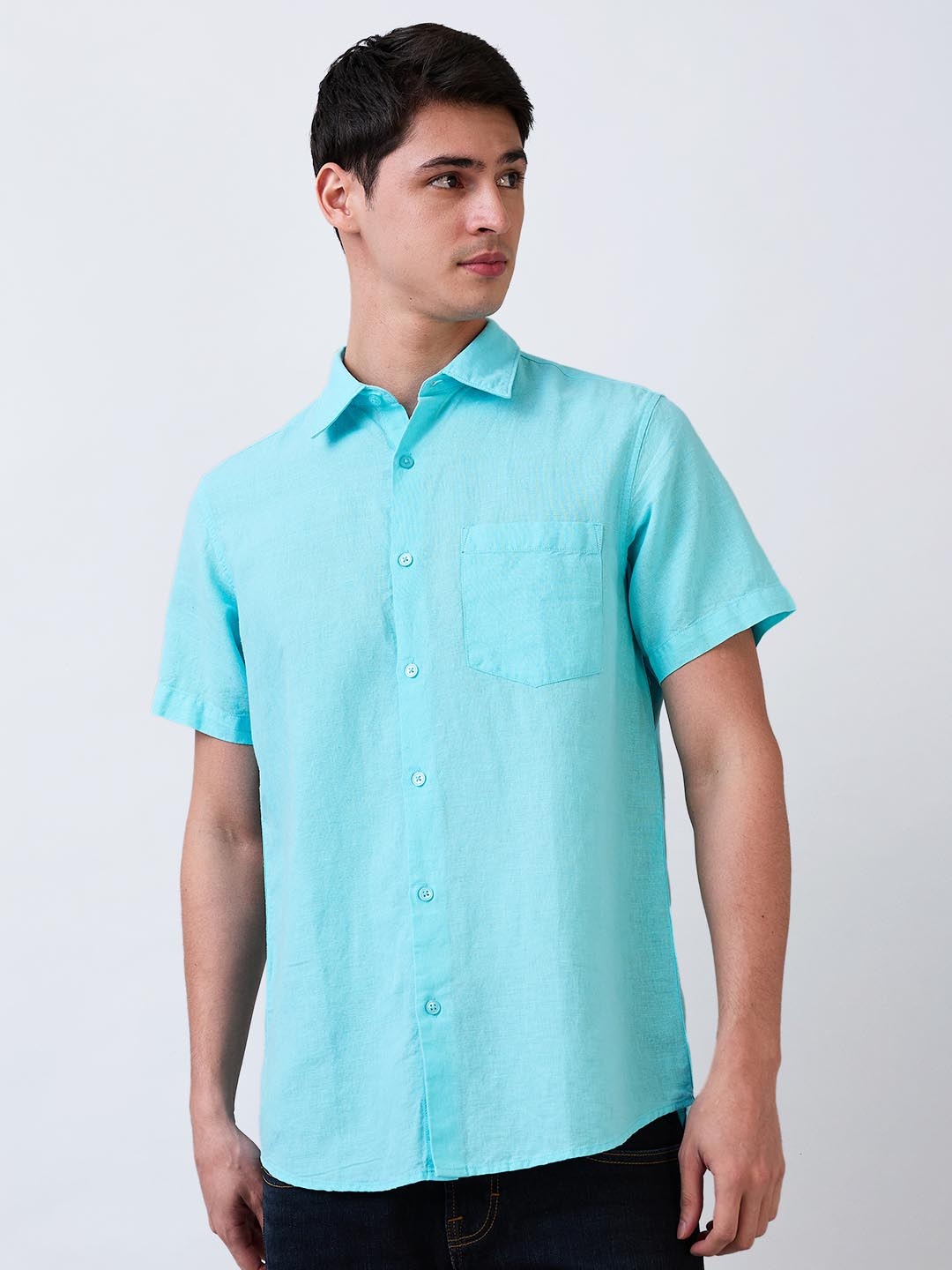 

SPYKAR Men Spread Collar Solid Cotton Casual Shirt, Turquoise blue