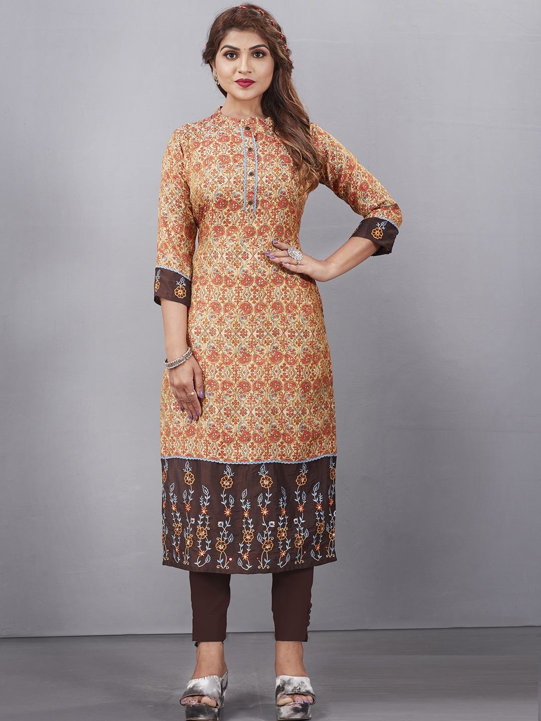 

Krimmple Women Embroidered Mandarin Collar Kurtas, Brown