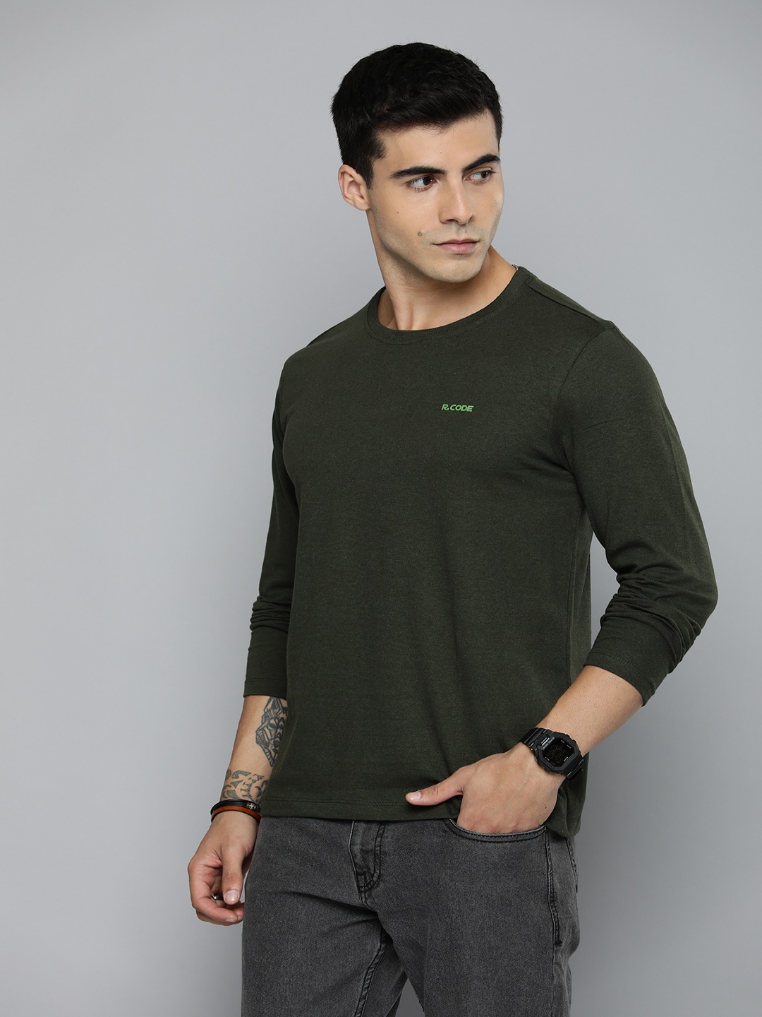 

R.Code by The Roadster Lifestyle Co. Men Regular Fit Pack Of 2 Solid Cotton T-shirts, Olive