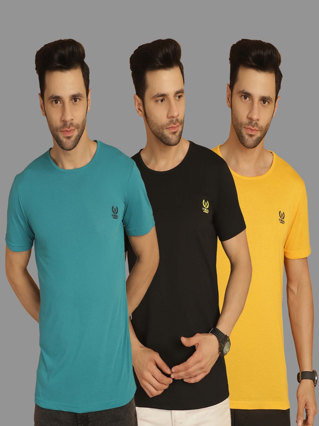 

VIMAL JONNEY Men Pack Of 3 Solid Round Neck Cotton T-shirts, Blue