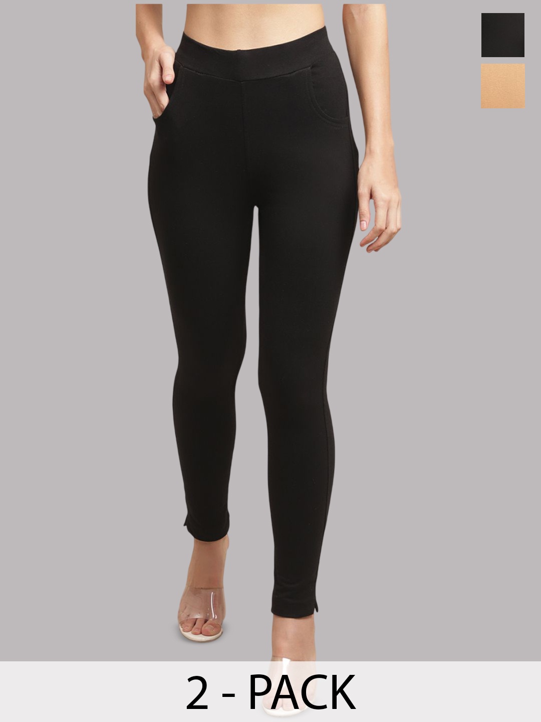 

Valles365 by S.C. Pack Of 2 Women Cotton Ankle-Length Leggings, Black