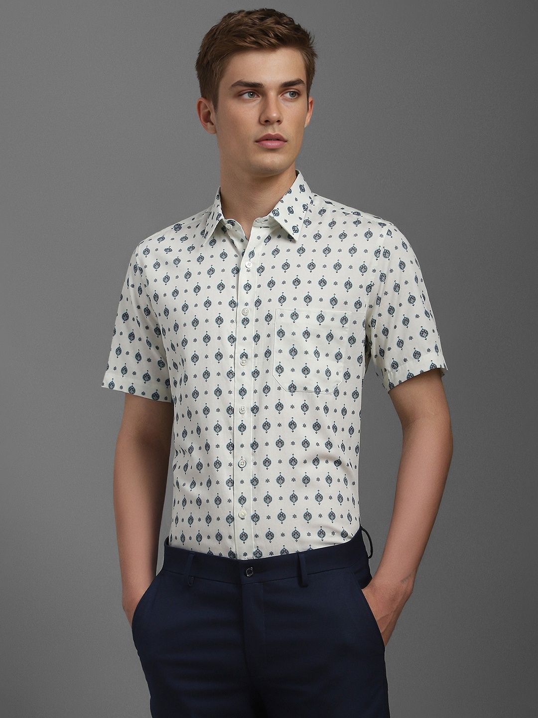 

Louis Philippe Men Spread Collar Floral Printed Cotton Formal Shirt, Off white