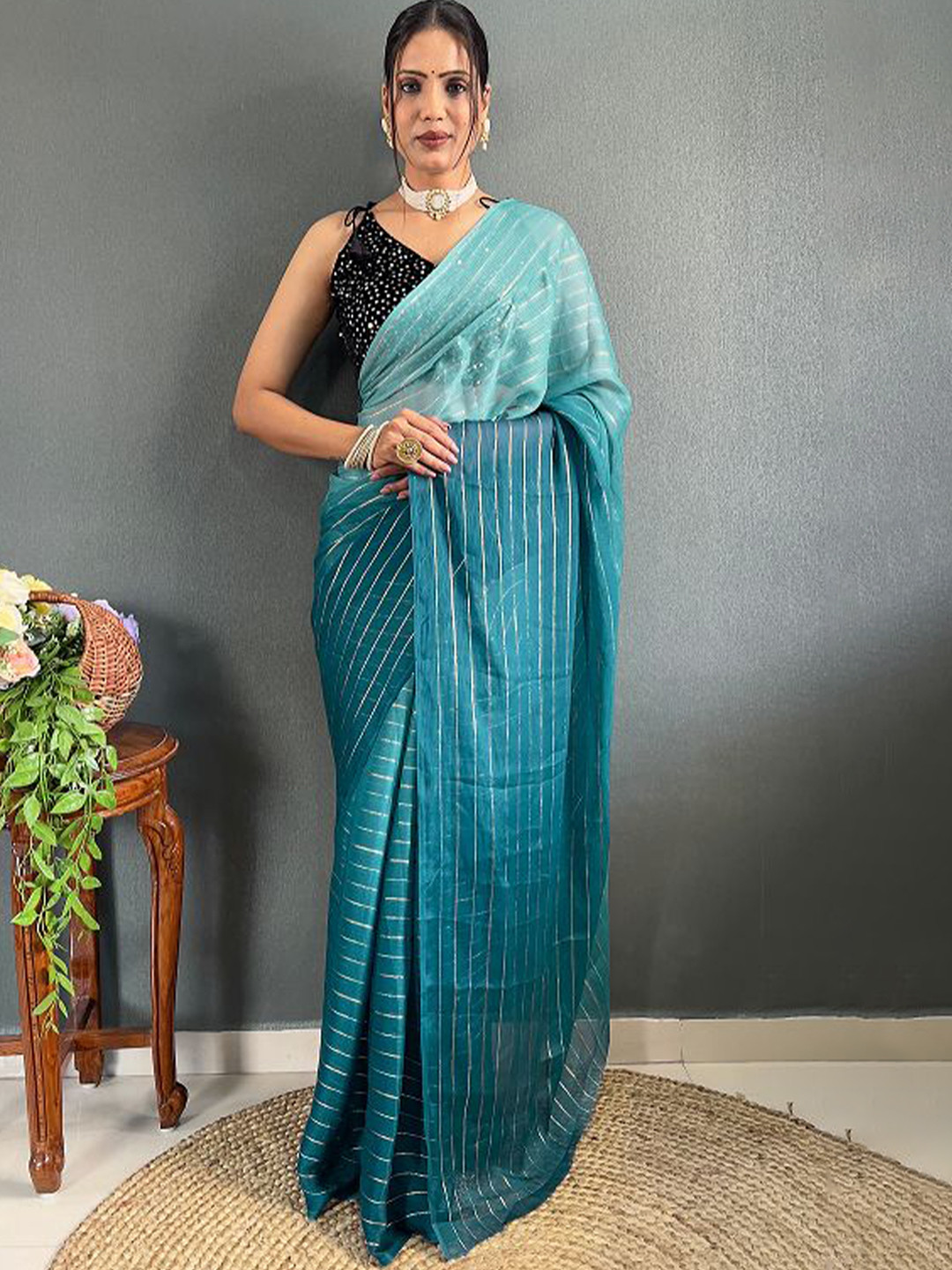 

Moda Rapido Striped Sequinned Pure Georgette Saree, Blue