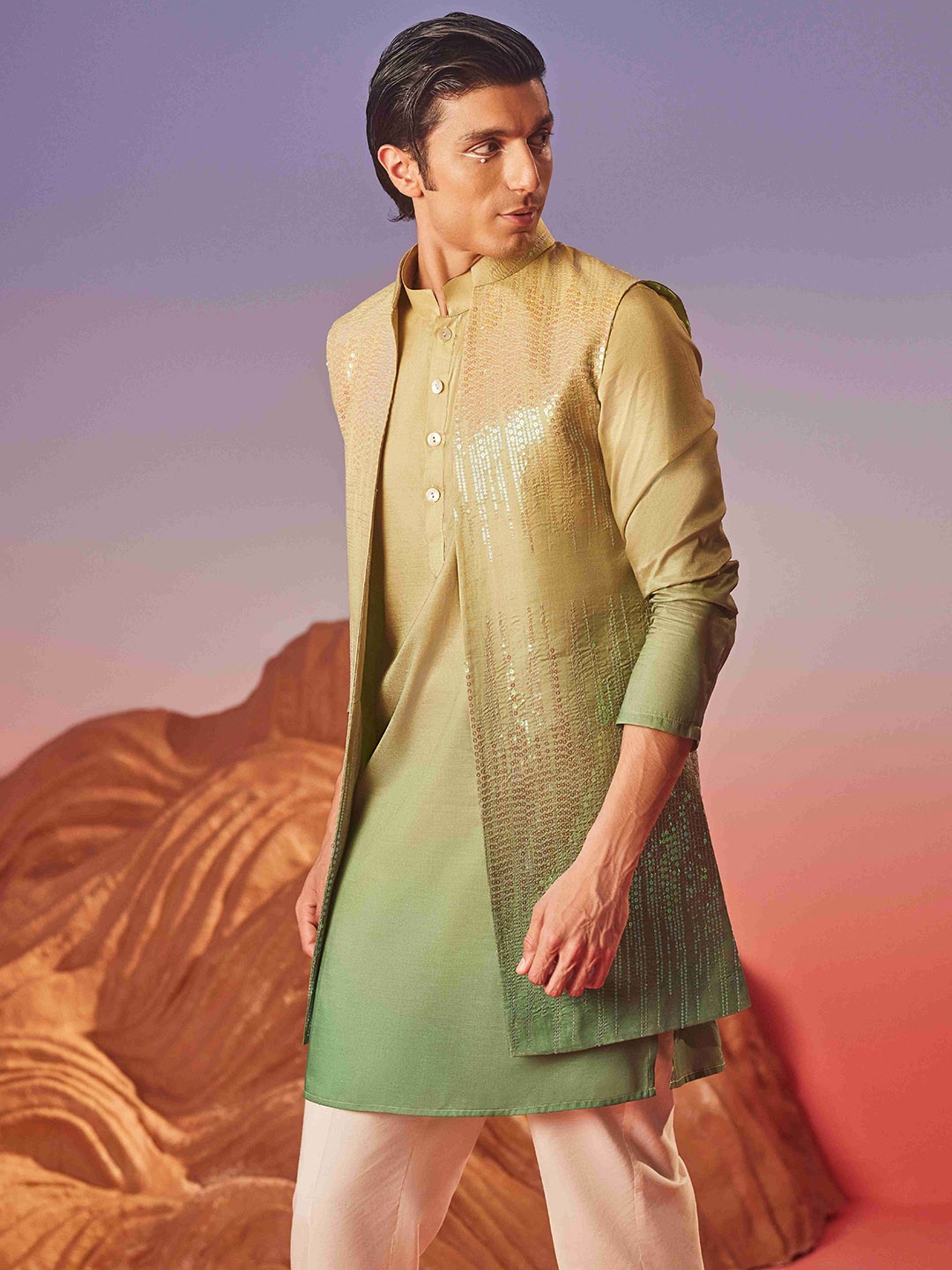 

Eleven Brothers Men Thread Work Anarkali Kurta, Green