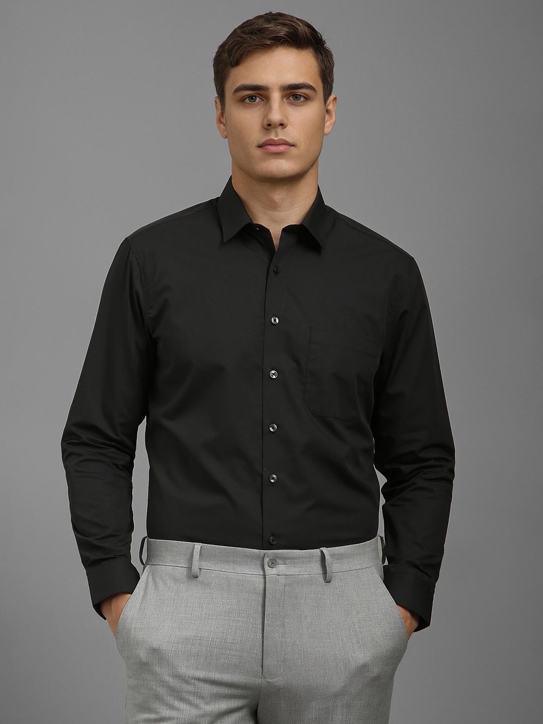 

Louis Philippe Men Slim Fit Spread Collar Textured Cotton Formal Shirt, Black