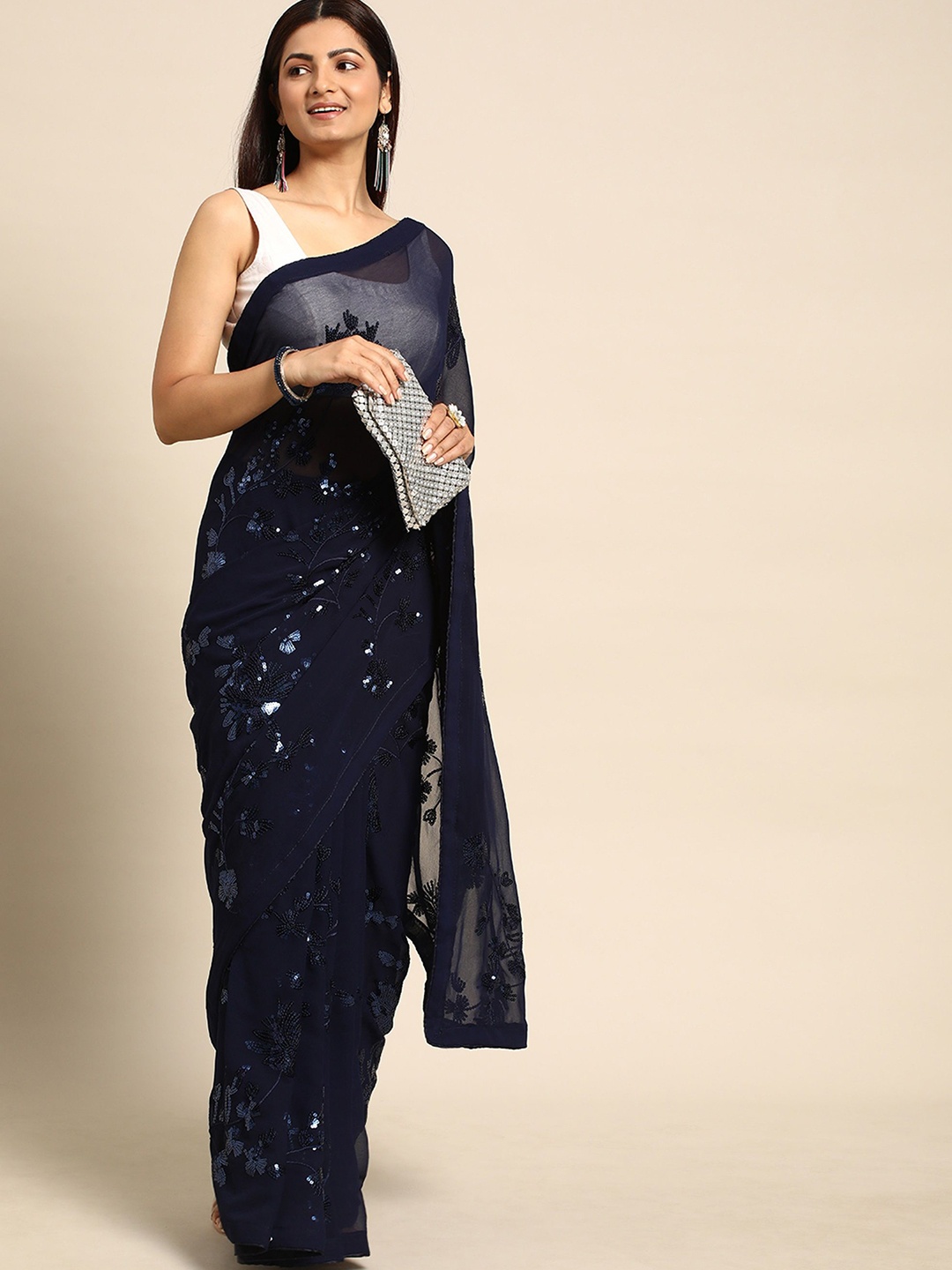 

Moda Rapido Embellished Sequinned Pure Georgette Saree, Navy blue