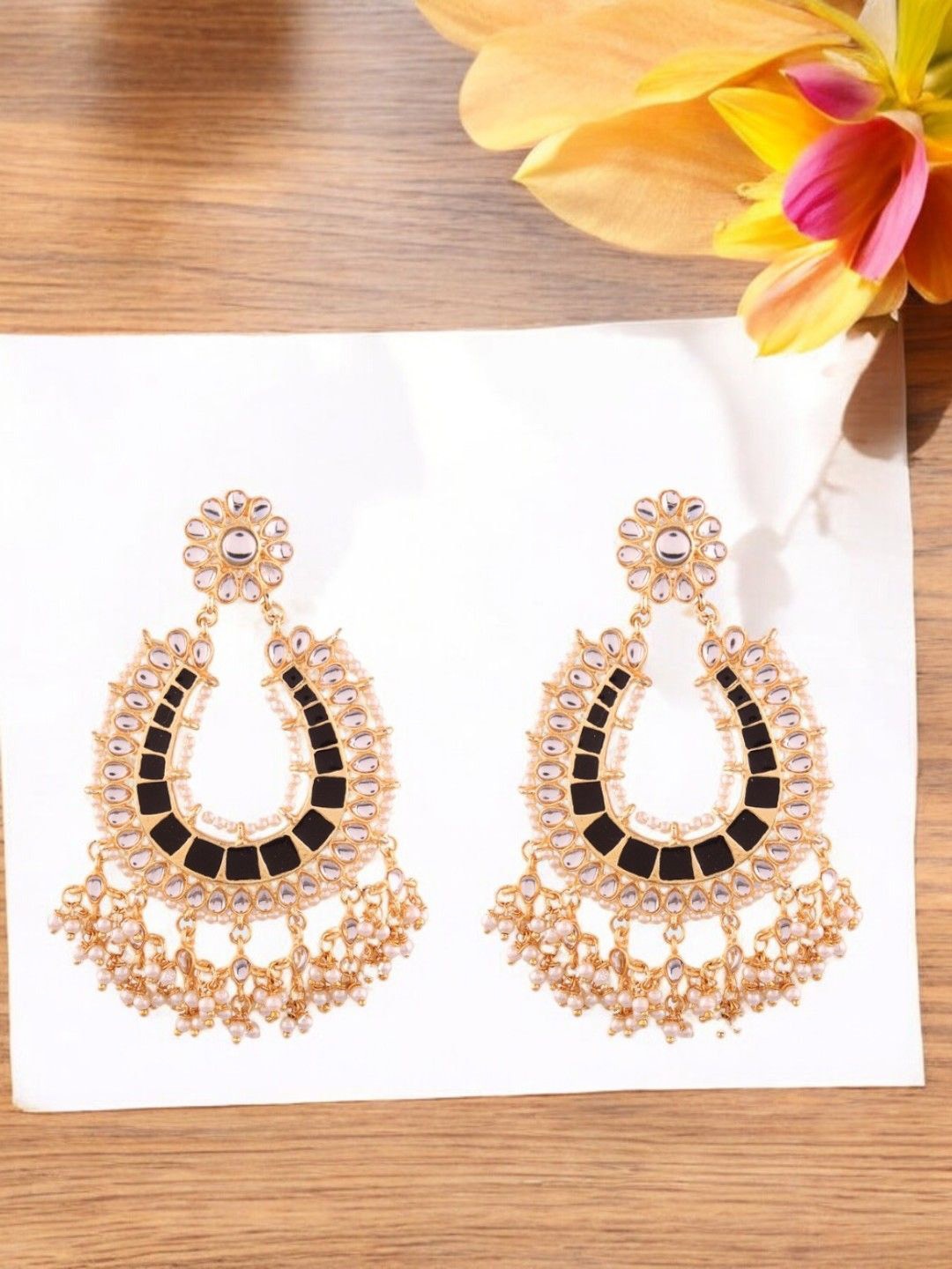 

Anouk Black Gold-Plated Rhinestone Contemporary Chandbalis Earrings