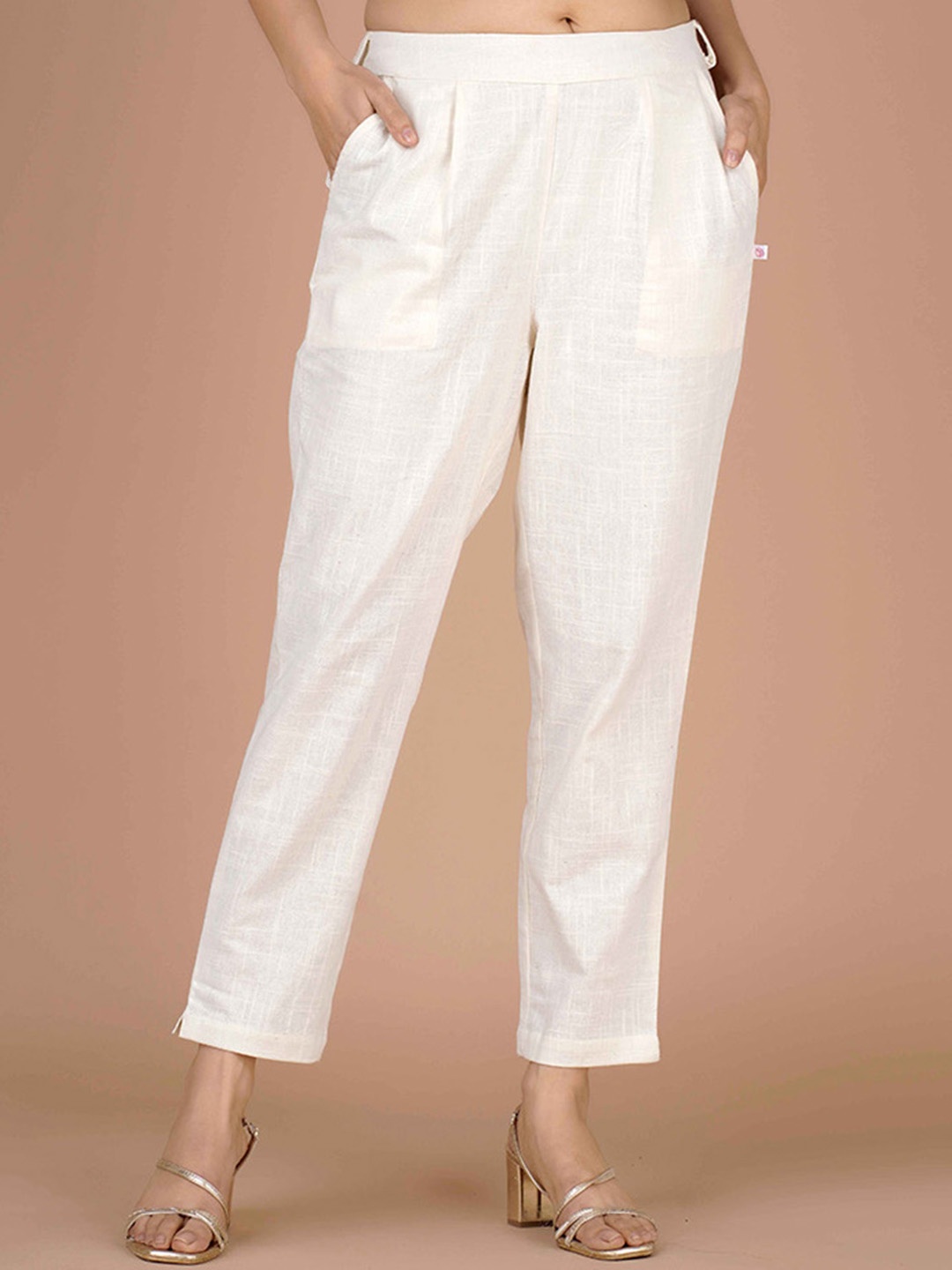 

JONAYA Women Cotton Mid Rise Trousers, Off white