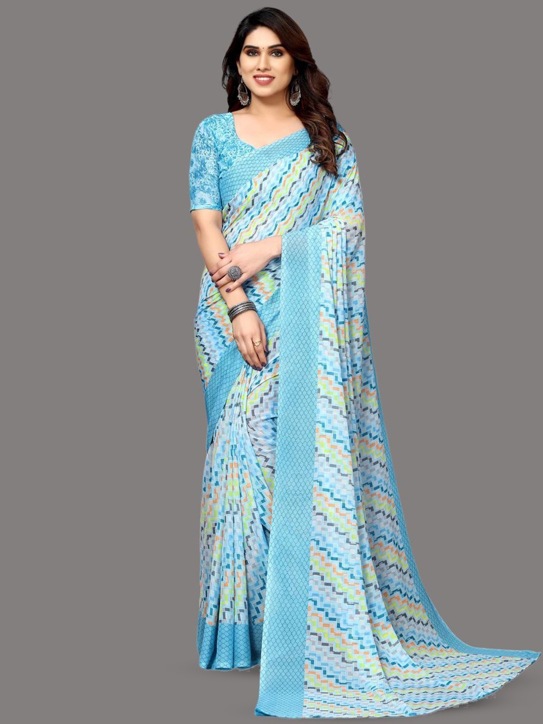 

HERE&NOW Poly Georgette Saree, Blue