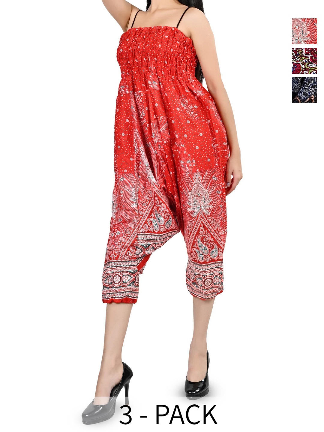 

NarNari Women Pack Of 3 Printed Mid-Rise Harem Pants, Red